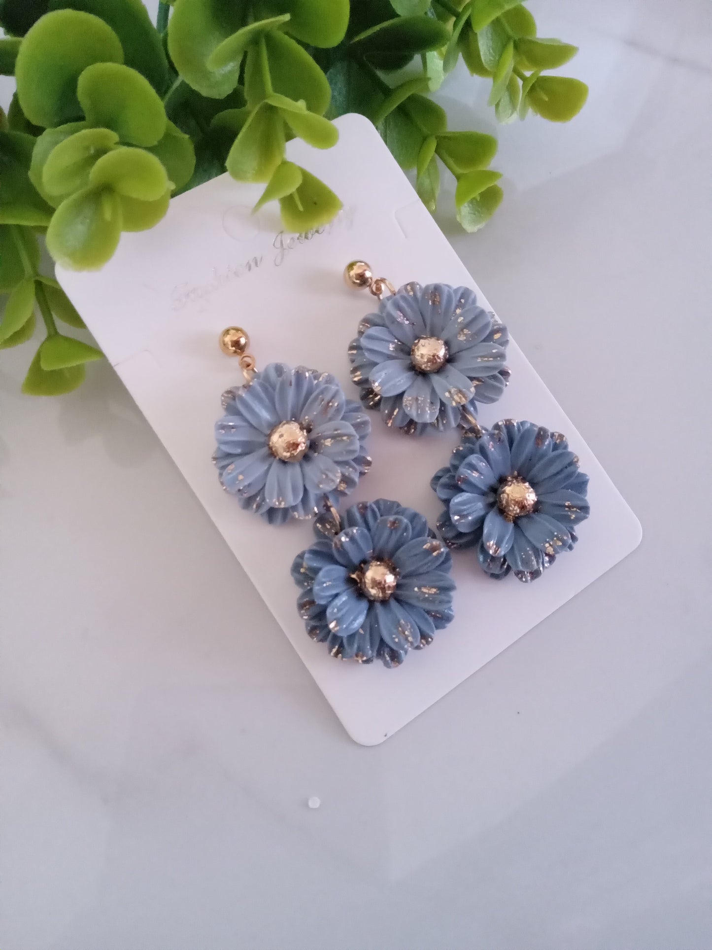 Blue Daisy Polymer Clay Earrings – Handmade Floral Statement Jewelry, Lightweight Daisy Earrings for Women
