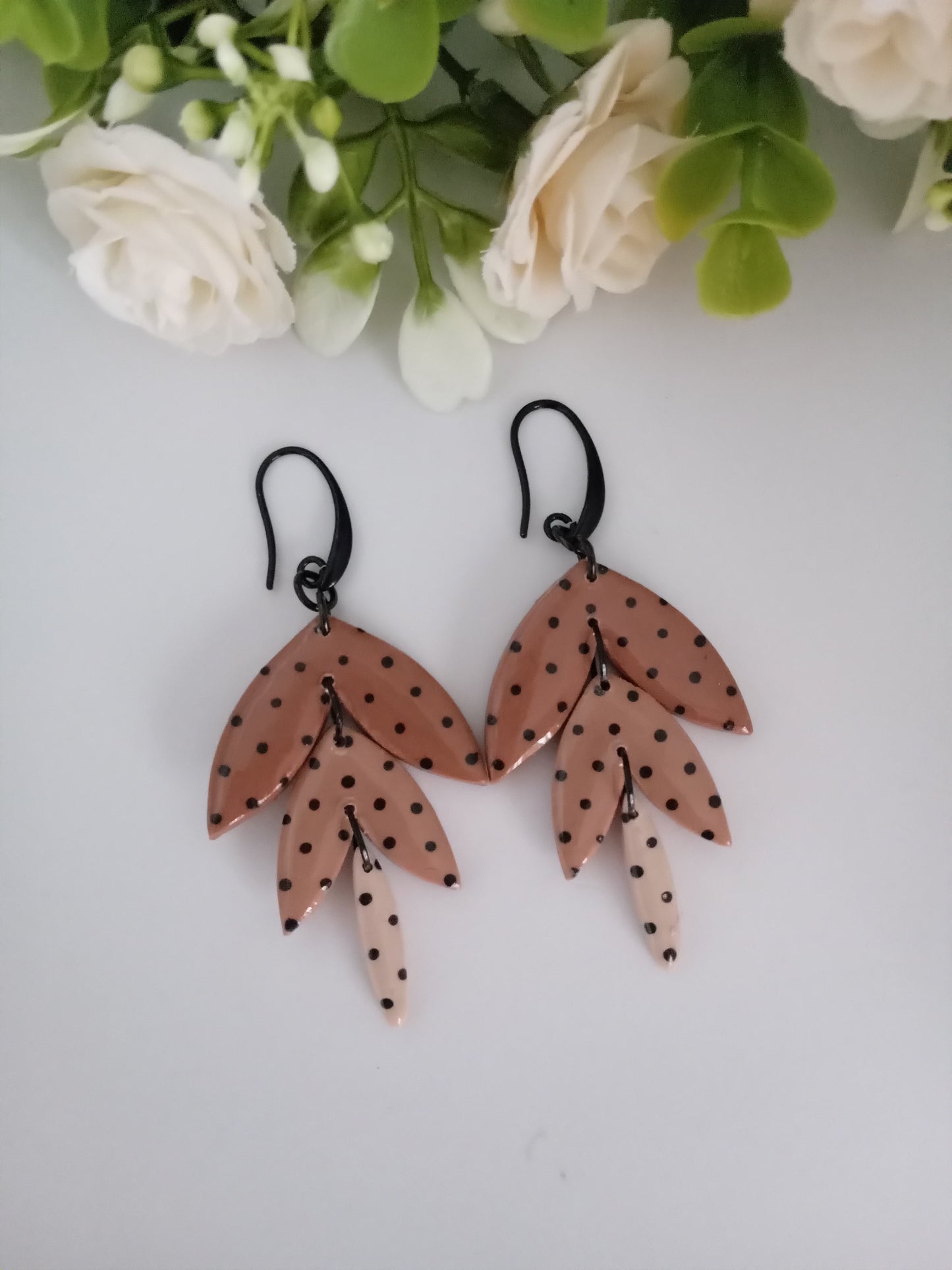 Polka Dot Leaf Dangle Earrings - Handmade Polymer Clay Jewelry