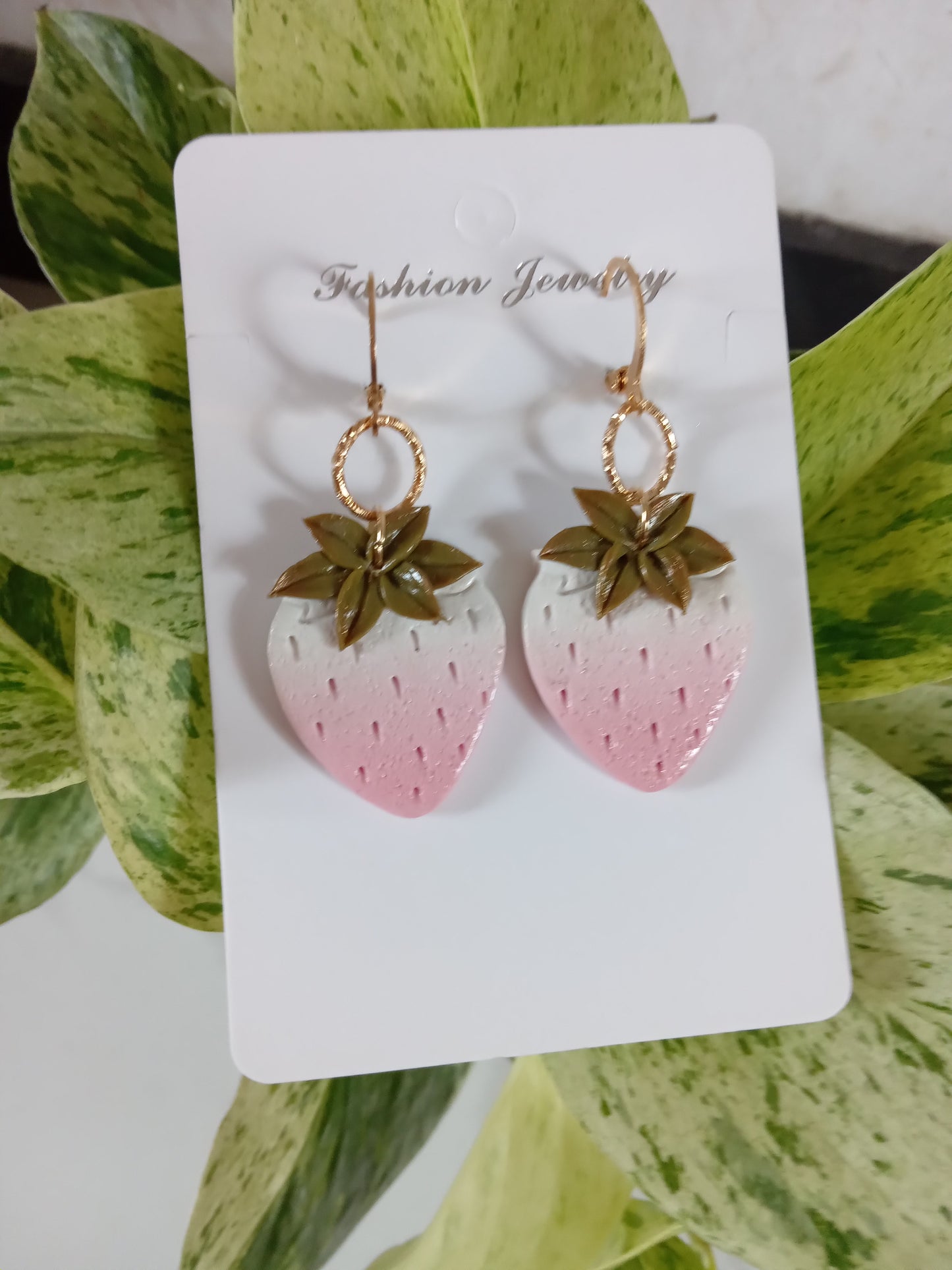 Handmade Dangle Strawberry Earrings - Pink White Polymer Clay Fruit Jewelry for Women