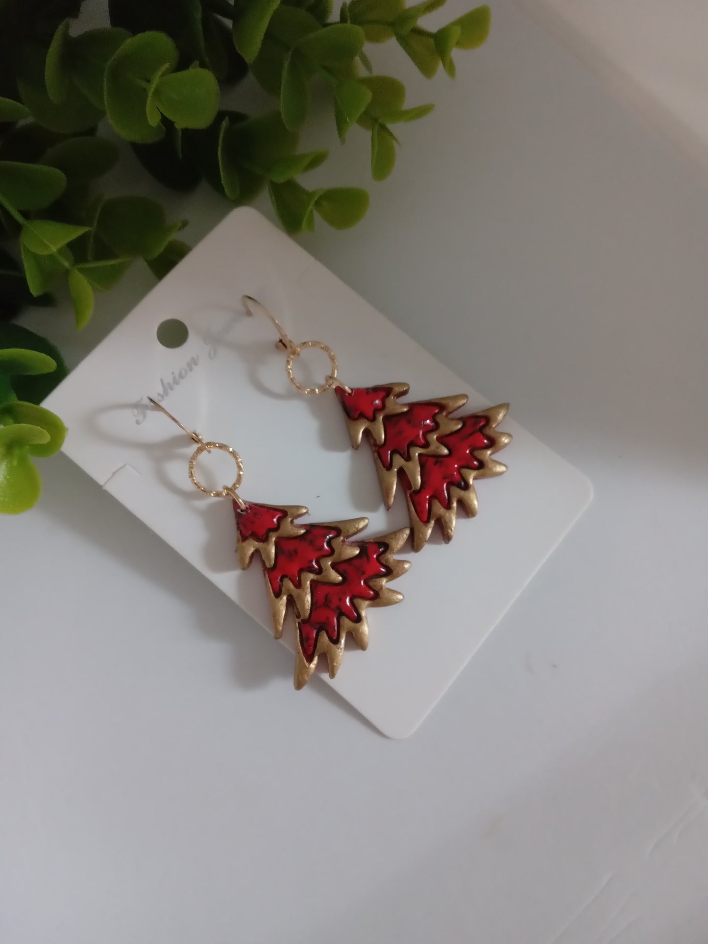 Bold Christmas Tree Earrings with Gold Foil- Handmade Holiday Jewelry for Women