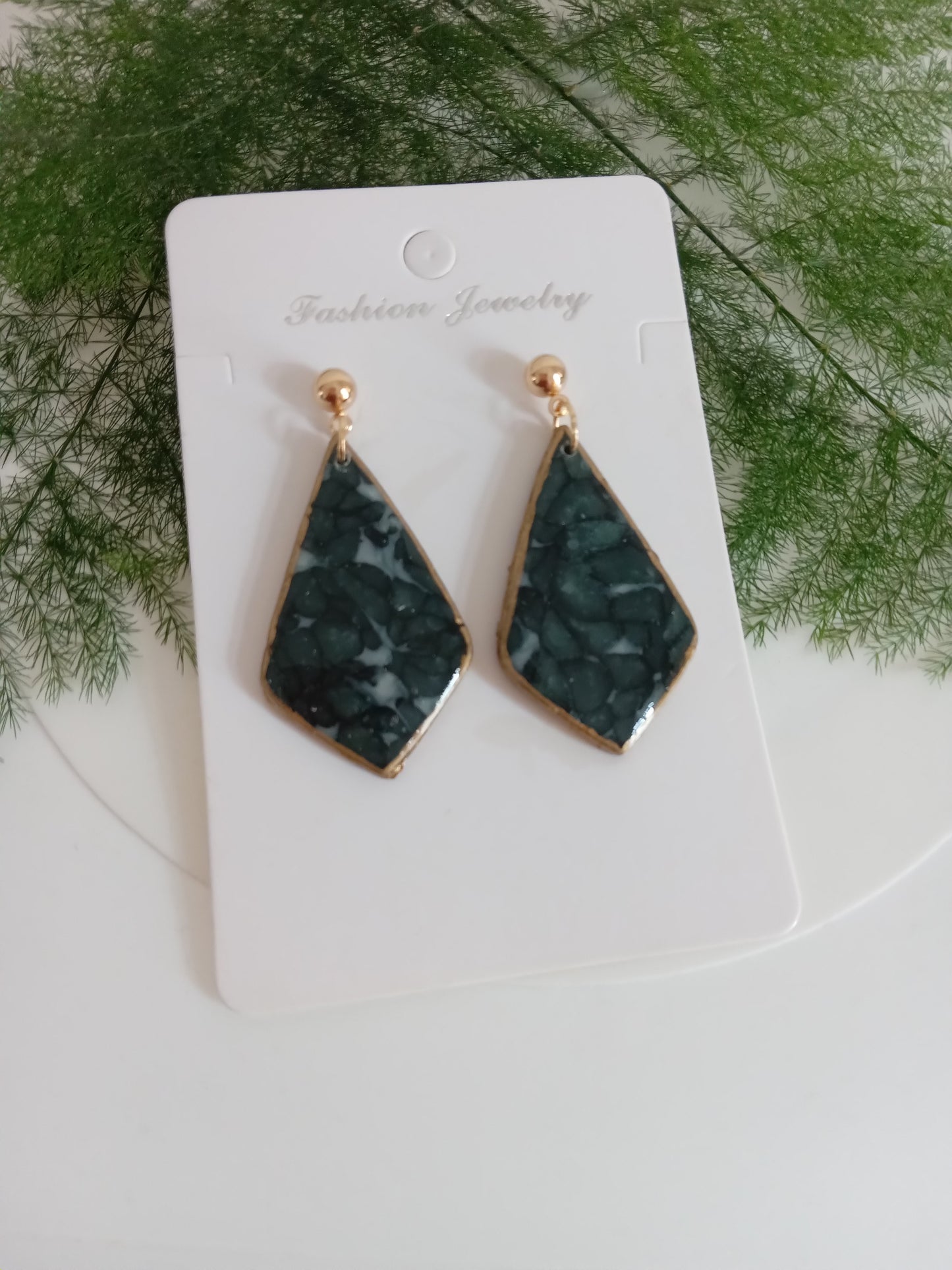 Handmade Dark Green Stone Diamond Drops Earrings - Lightweight Statement Earrings