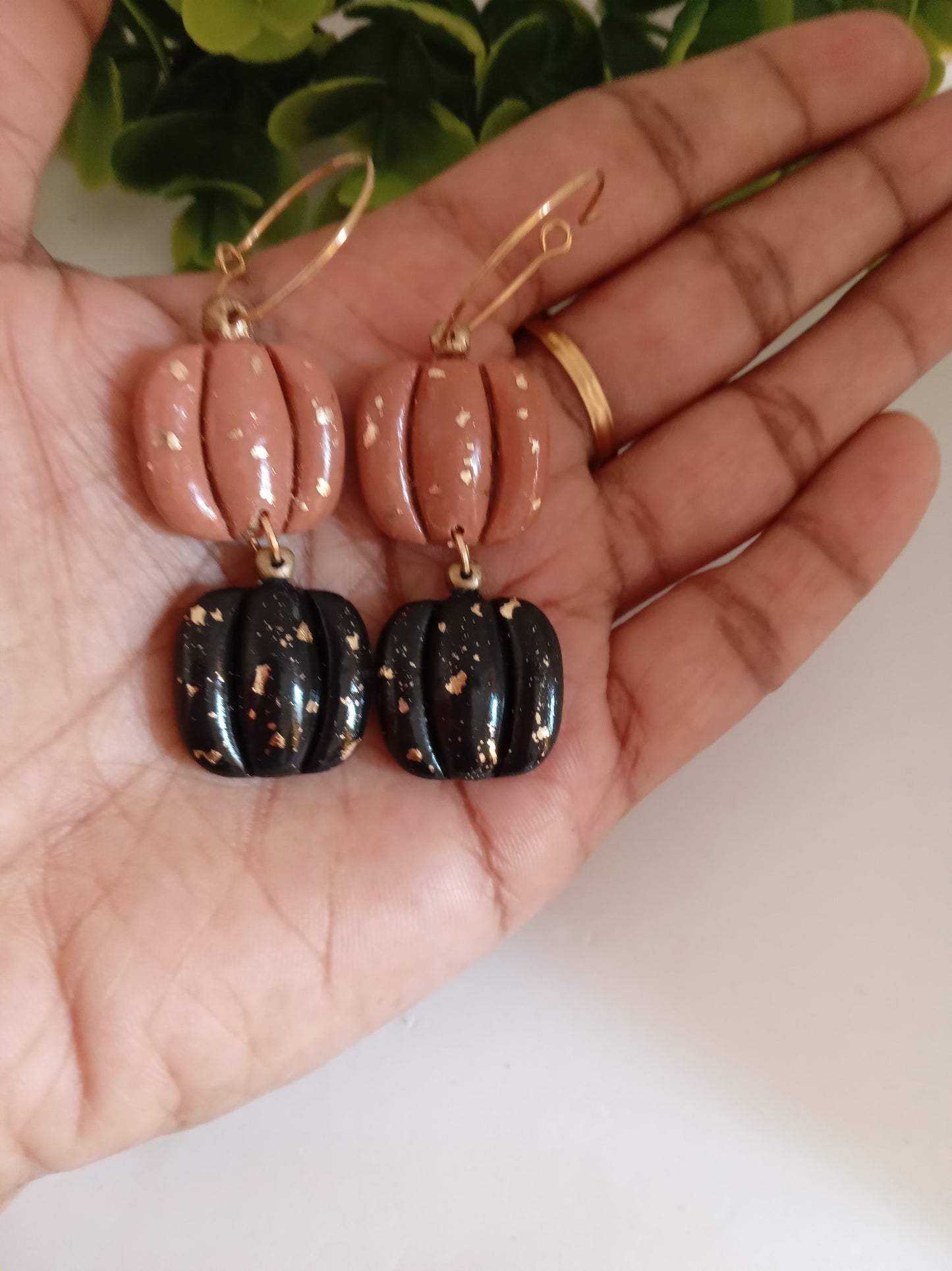 Handmade Pumpkin Earrings – Halloween Polymer Clay Dangle Earrings with Gold Foil | Black & Brown Fall Jewelry