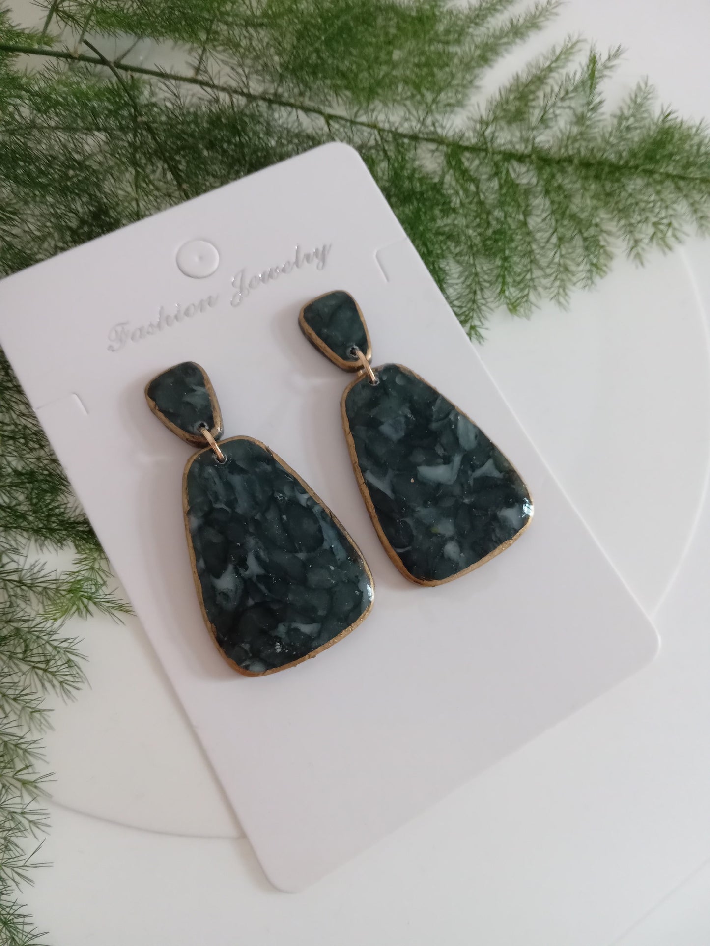 Handmade Dark Green Stone Diamond Drops Earrings - Lightweight Statement Earrings