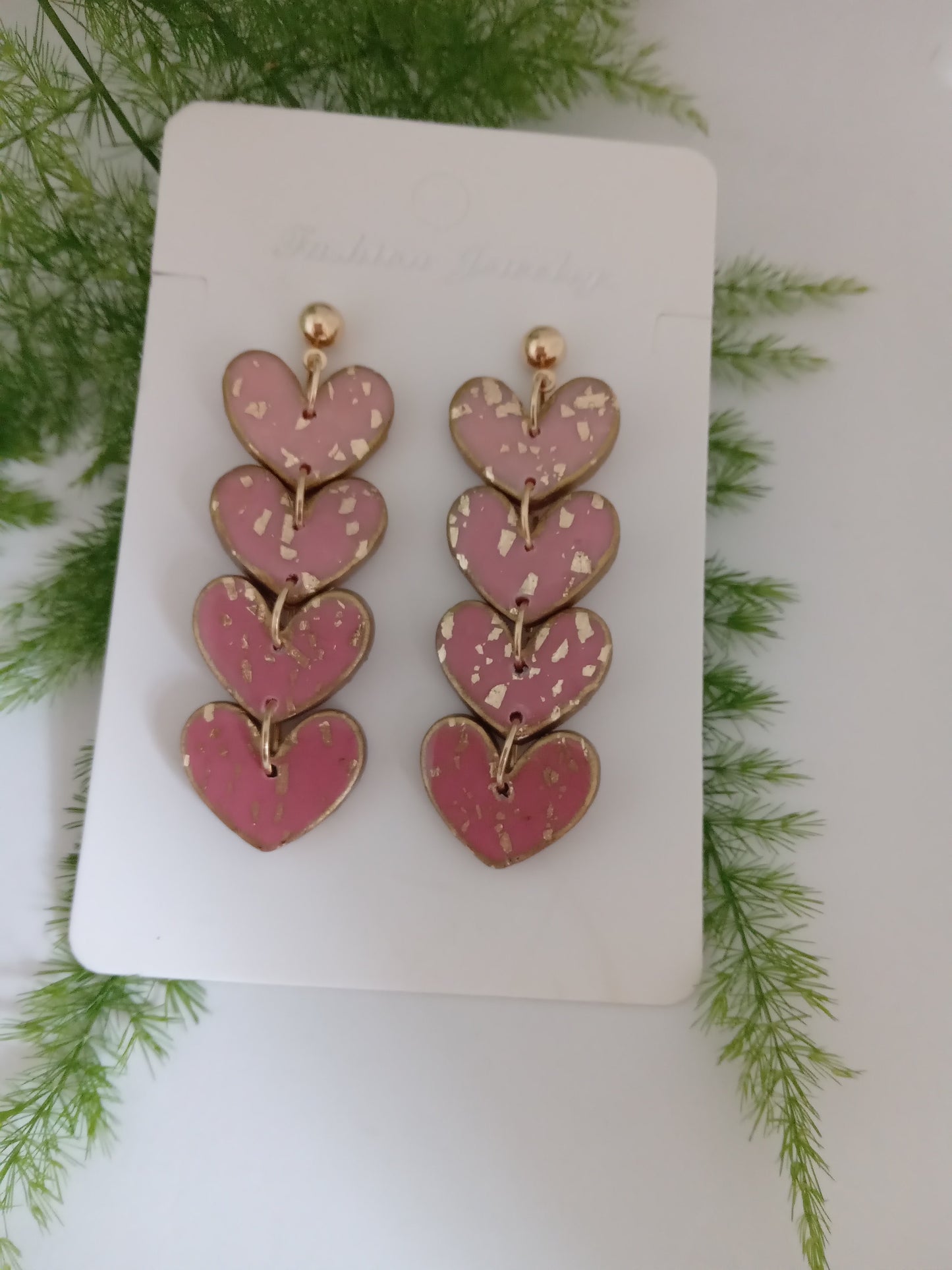 Handmade Pink Heart Drop Earrings with Gold Leaf- Romantic Statement Jewelry for Women