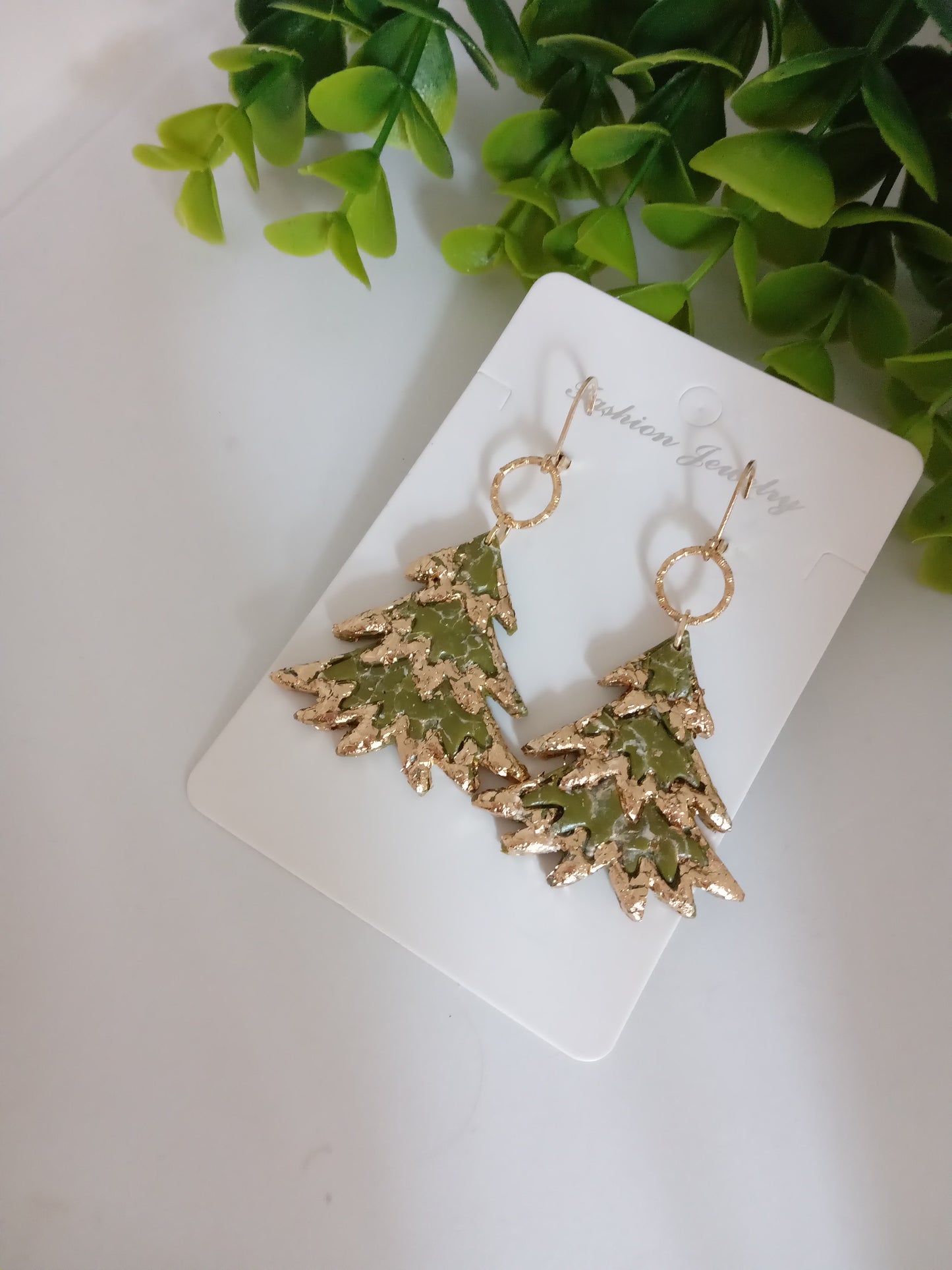 Bold Christmas Tree Earrings with Gold Foil- Handmade Holiday Jewelry for Women