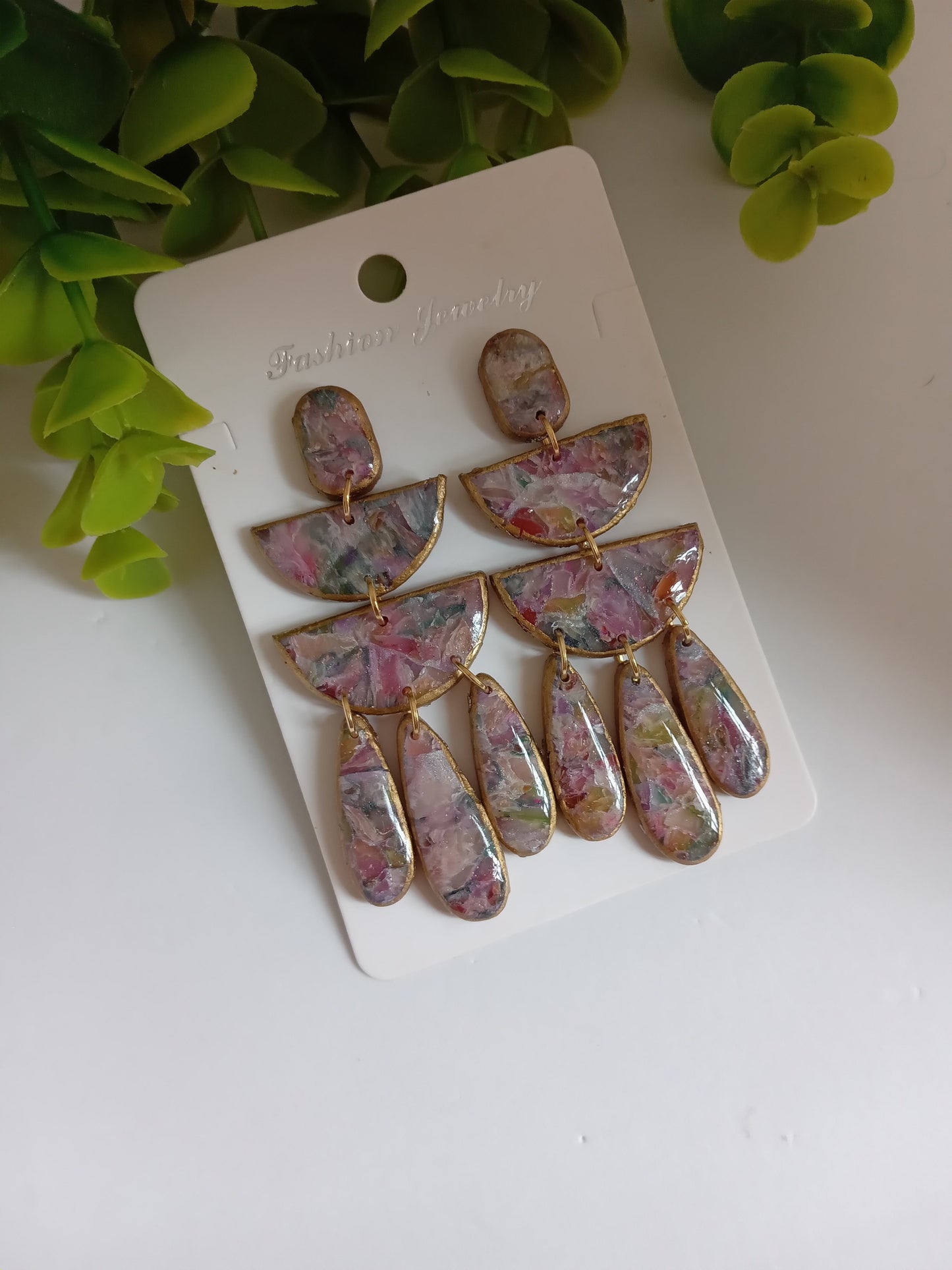 Handmade Statement Dangle Earrings – Colorful Marble Floral Resin, Lightweight Drop Earrings with Gold Trim