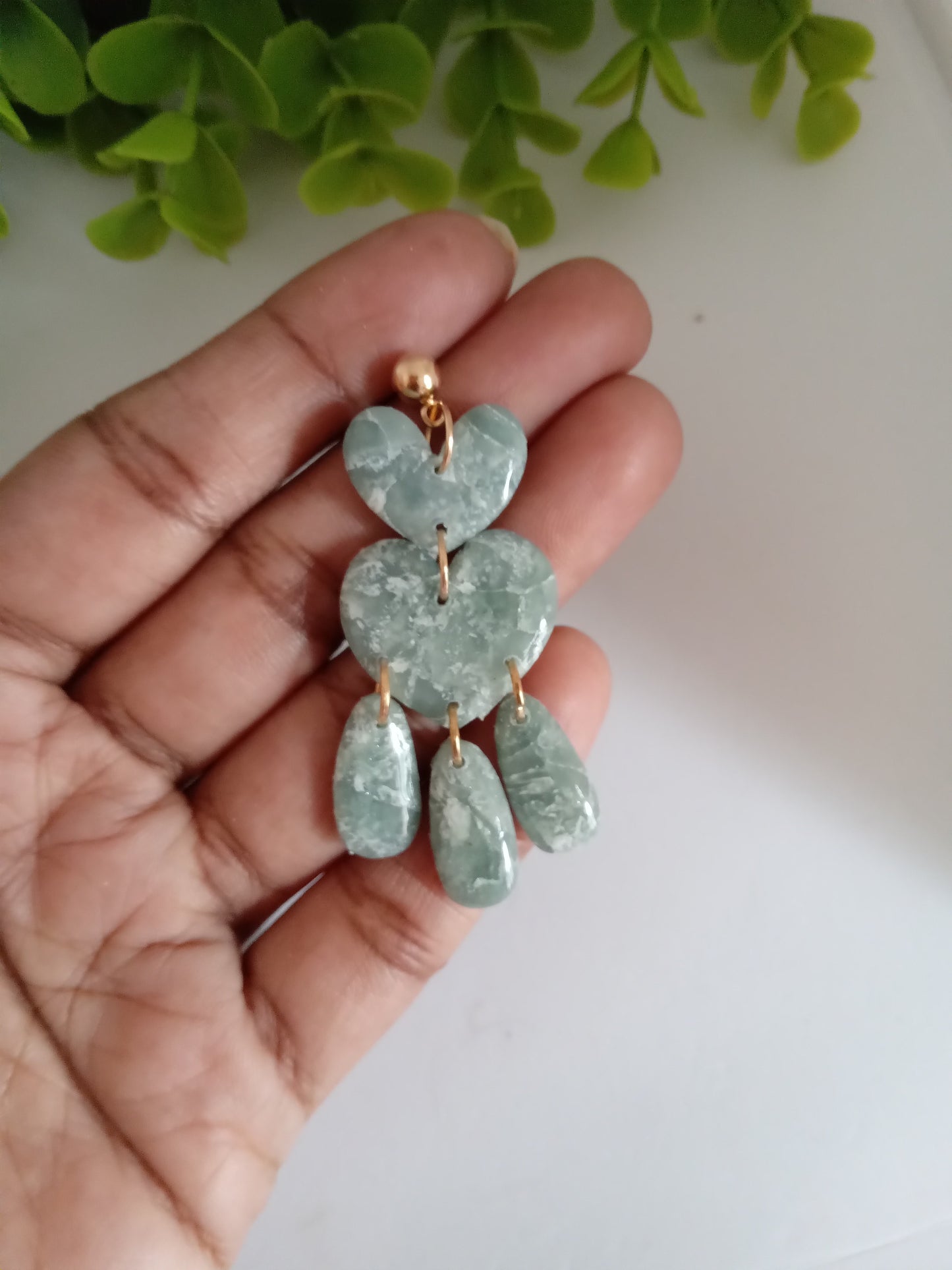 Green Marble Heart Dangle Earrings - Lightweight Clay Statement Jewelry