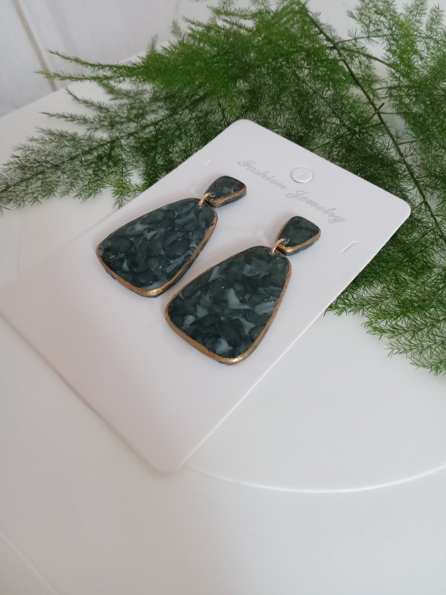 Handmade Dark Green Stone Diamond Drops Earrings - Lightweight Statement Earrings
