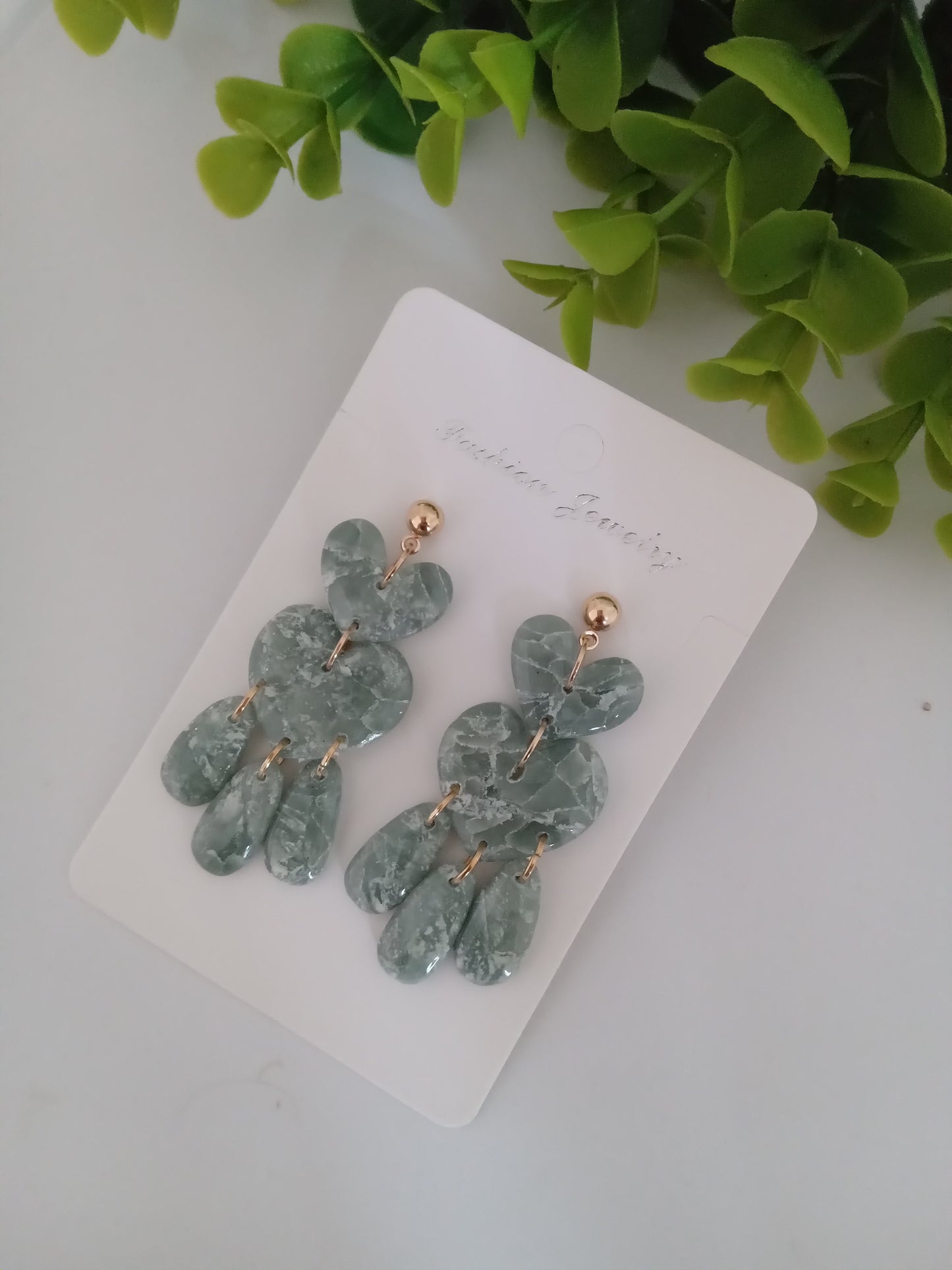 Green Marble Heart Dangle Earrings - Lightweight Clay Statement Jewelry