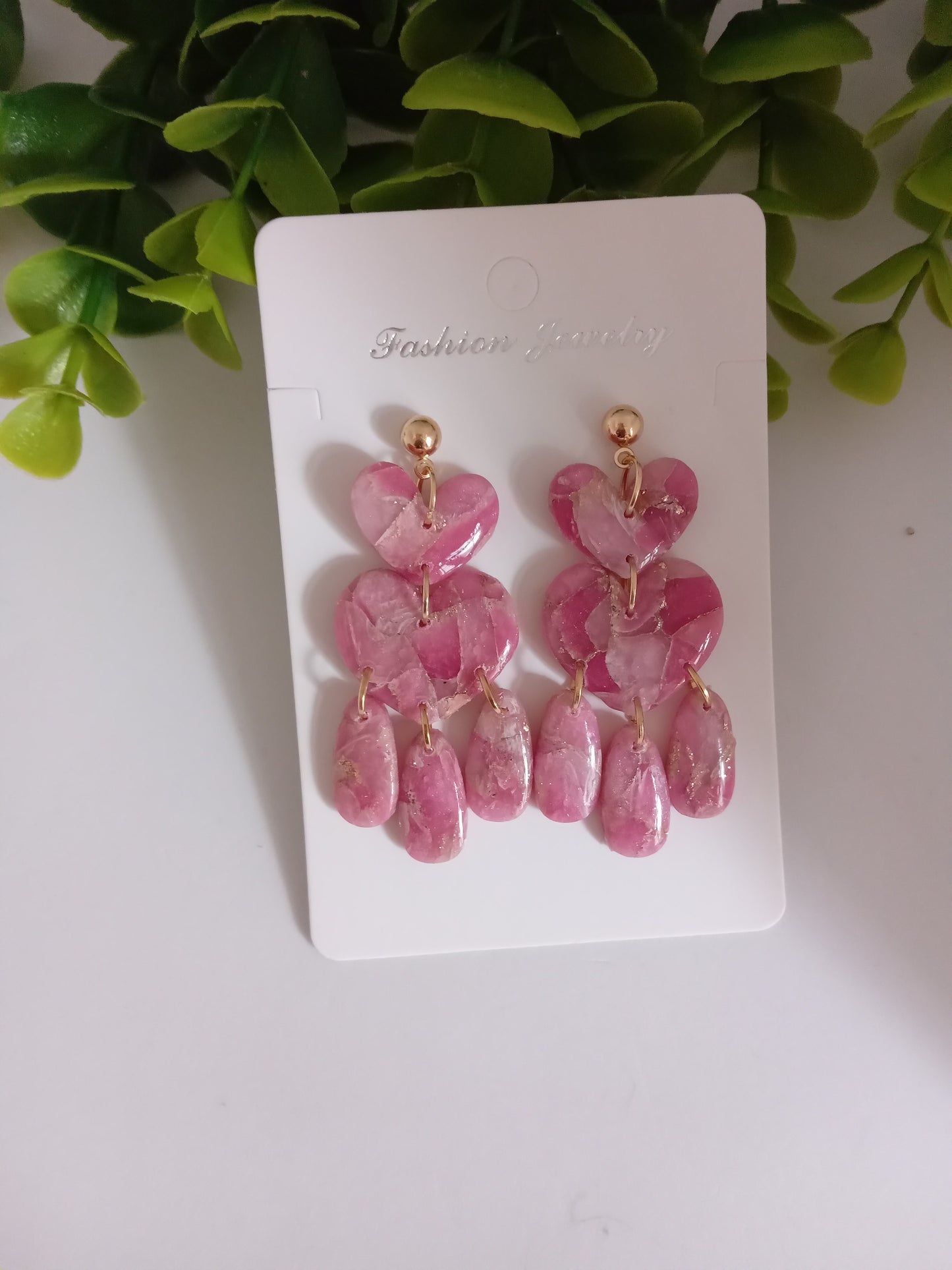 Pink Marble Heart Dangle Earrings - Lightweight Clay Statement Jewelry