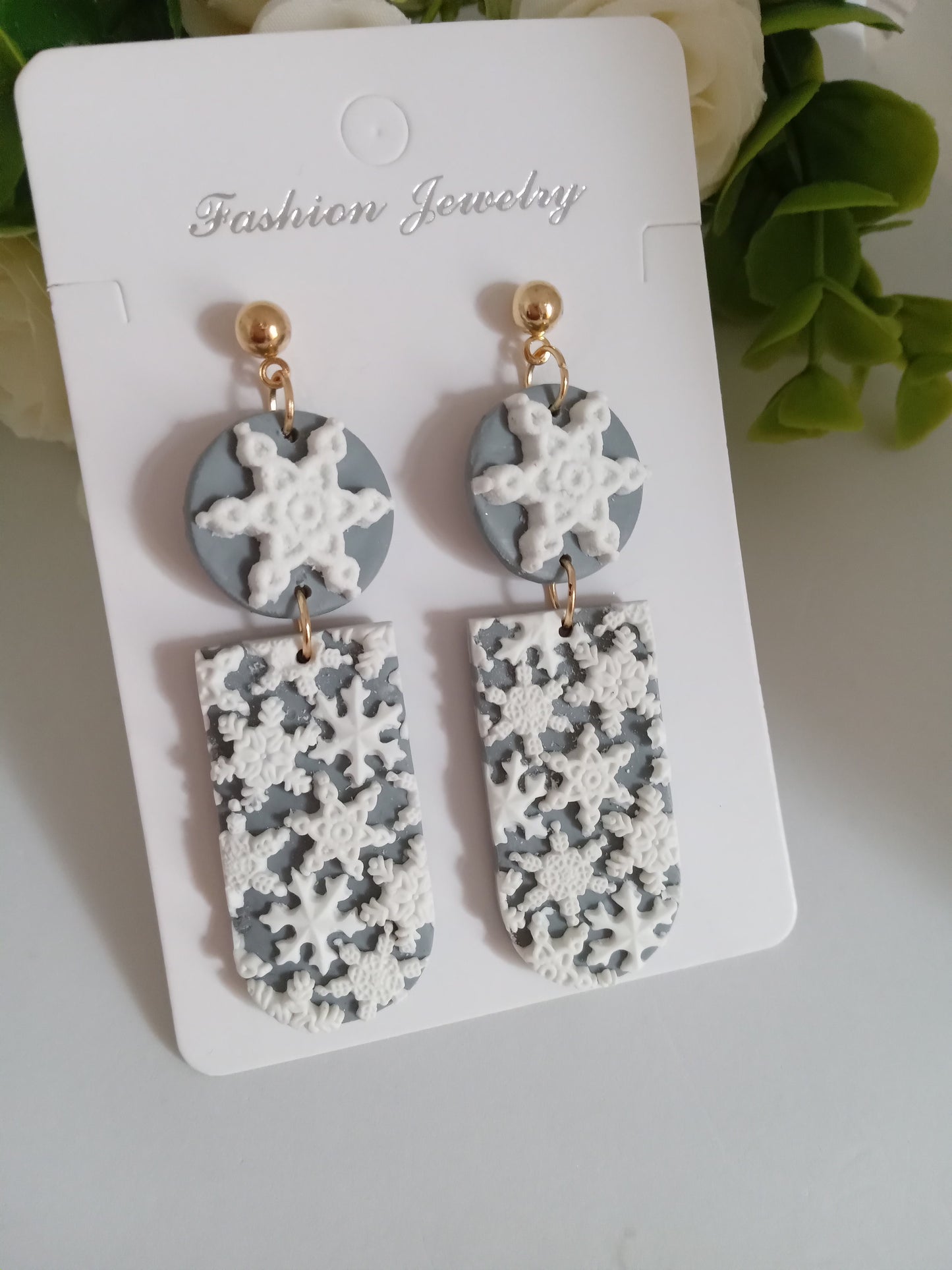 Snowflake Earrings- Winter Polymer Clay Drop Earrings/Handmade Holiday Jewelry
