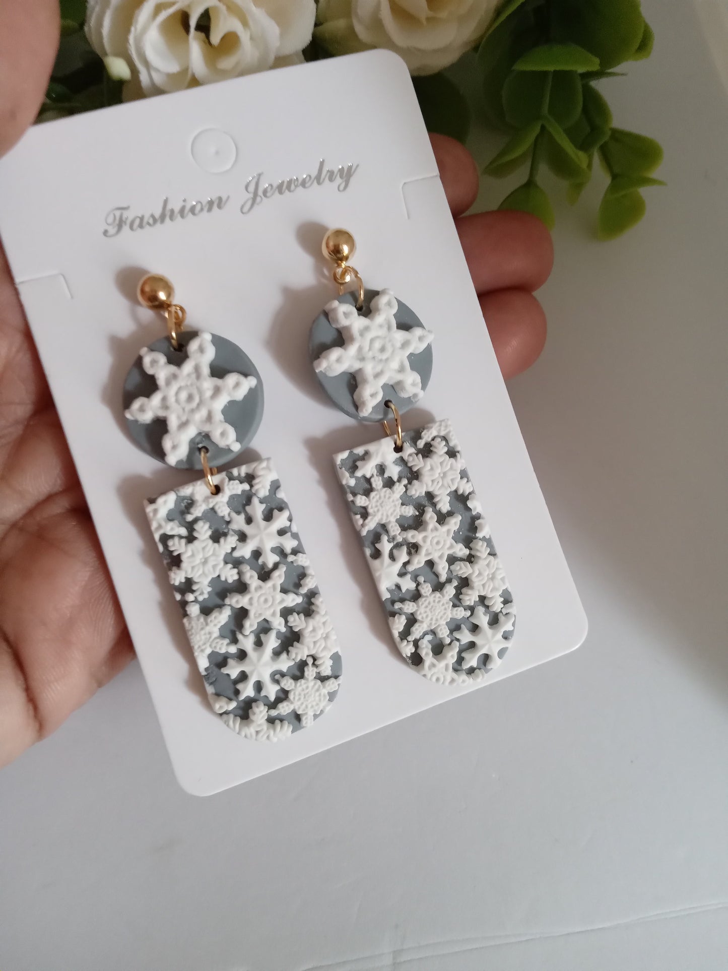 Snowflake Earrings- Winter Polymer Clay Drop Earrings/Handmade Holiday Jewelry