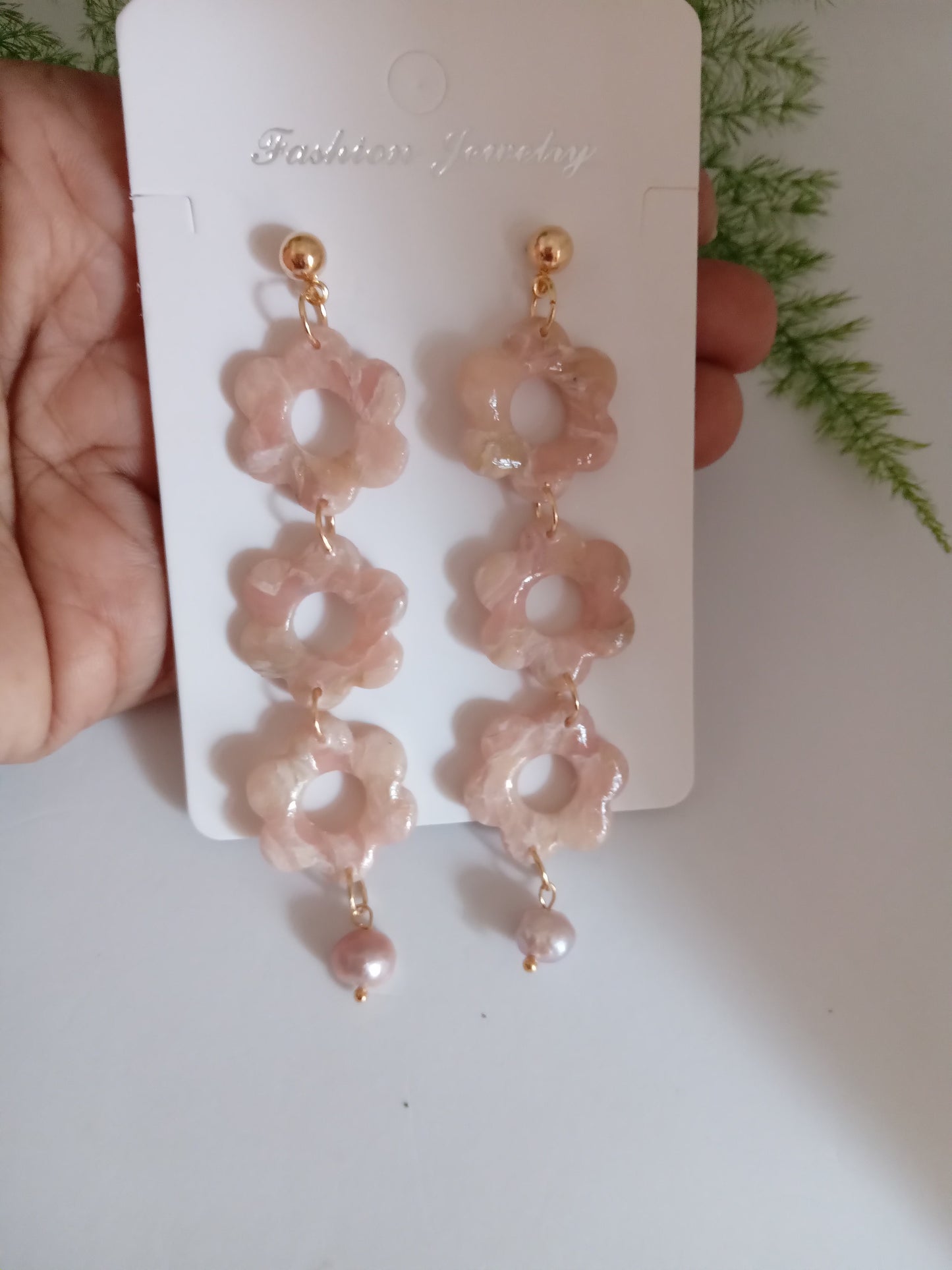 Handmade Pink Flower Earrings with Fresh Water Pearl - Lightweight Floral Dangle Jewelry for Women