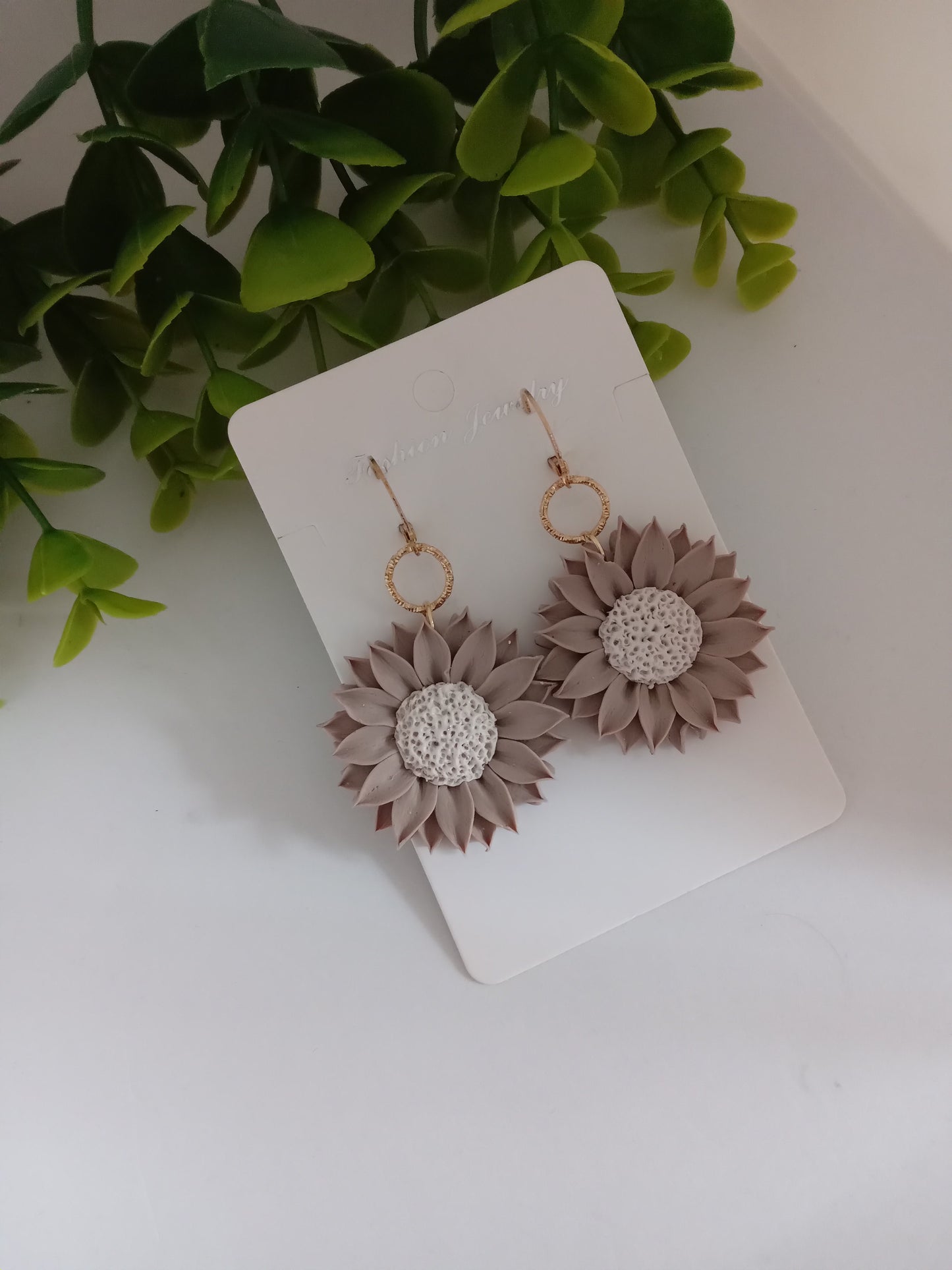 Polymer Clay Sunflower Earrings- Handmade Beige Flower Dangles for Women