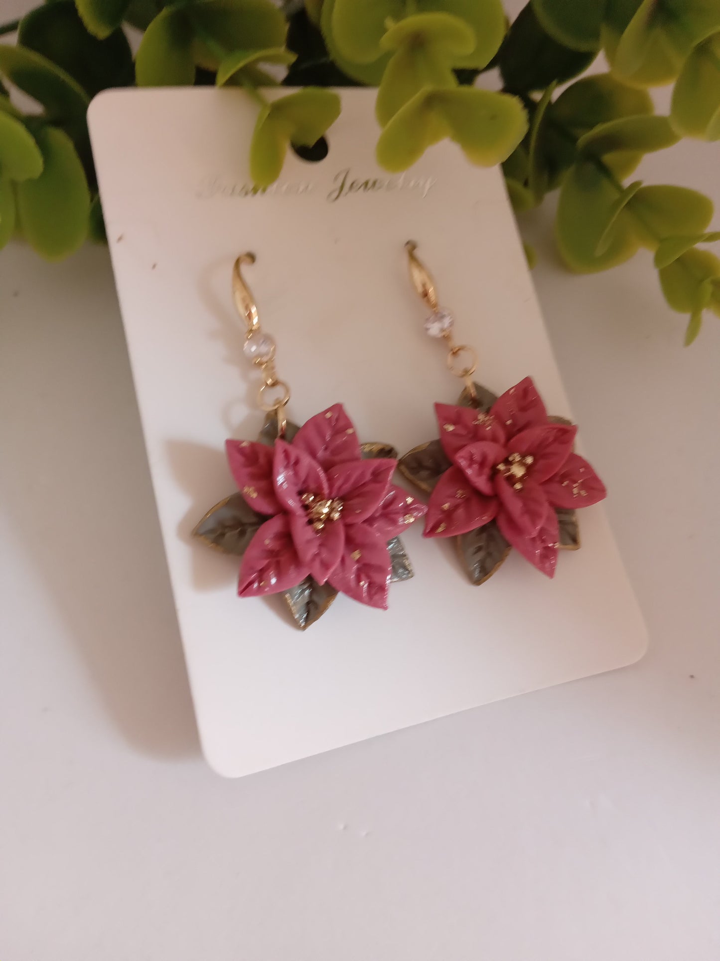 Christmas pink Poinsettia Flower Earrings – Handmade Holiday Dangle Earrings, Festive Floral Jewelry Gift for Women