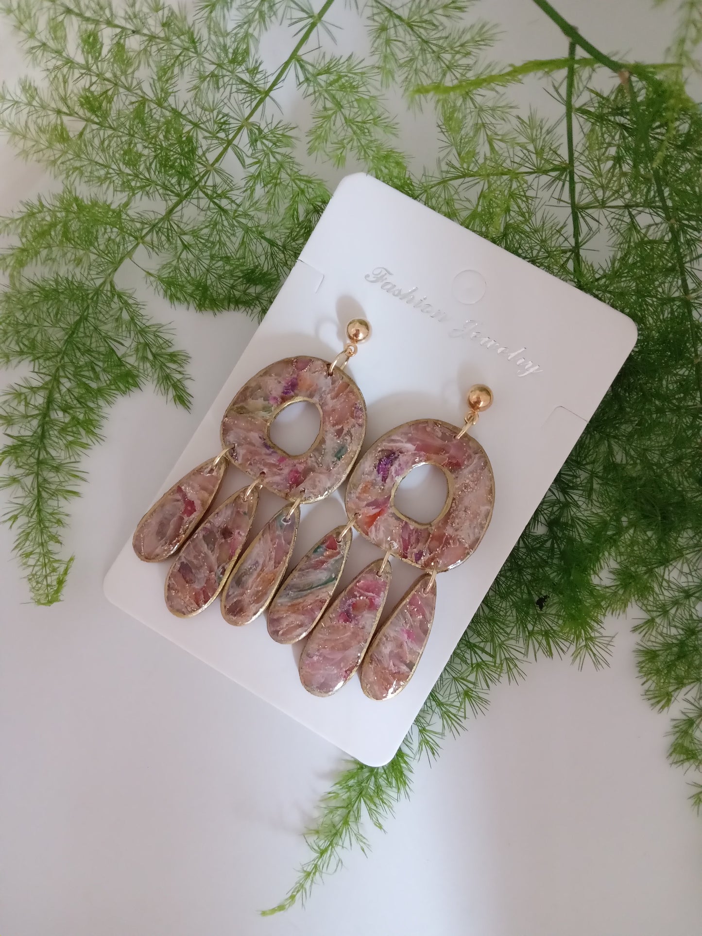Polymer Clay Statement Earrings - Handmade Boho Drop Jewelry with Gold Accents