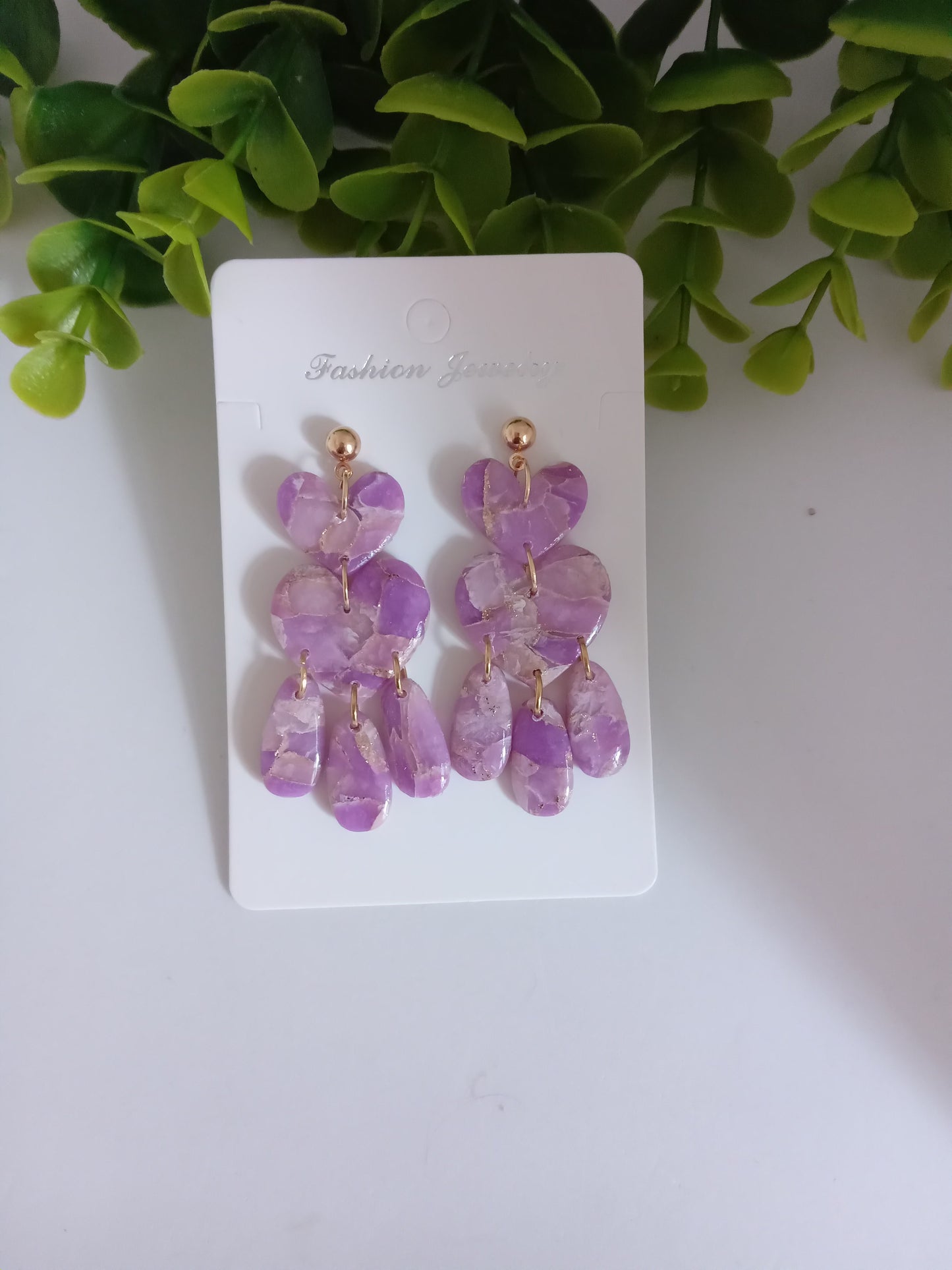Purple Marble Heart Dangle Earrings - Lightweight Clay Statement Jewelry