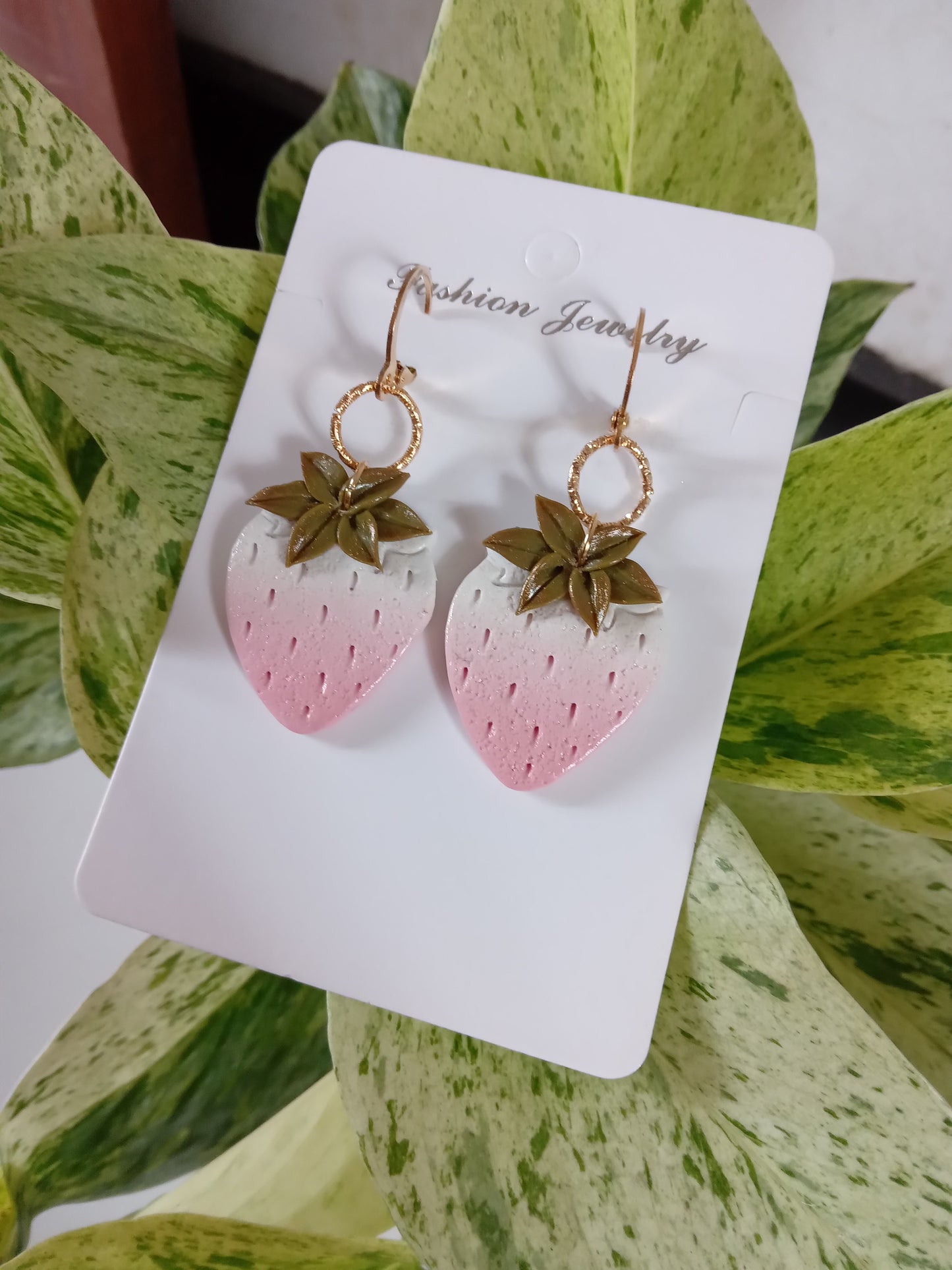 Handmade Dangle Strawberry Earrings - Pink White Polymer Clay Fruit Jewelry for Women