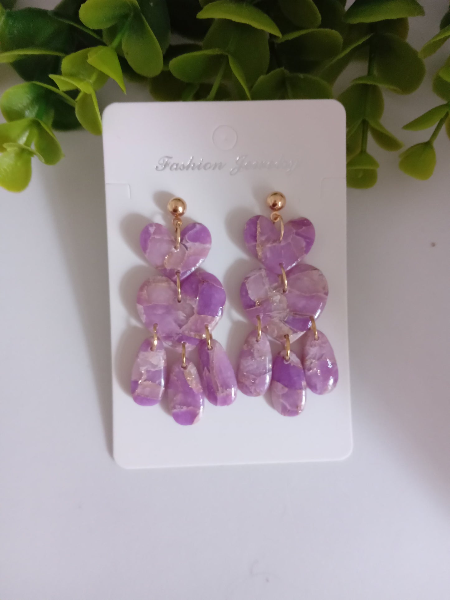 Purple Marble Heart Dangle Earrings - Lightweight Clay Statement Jewelry