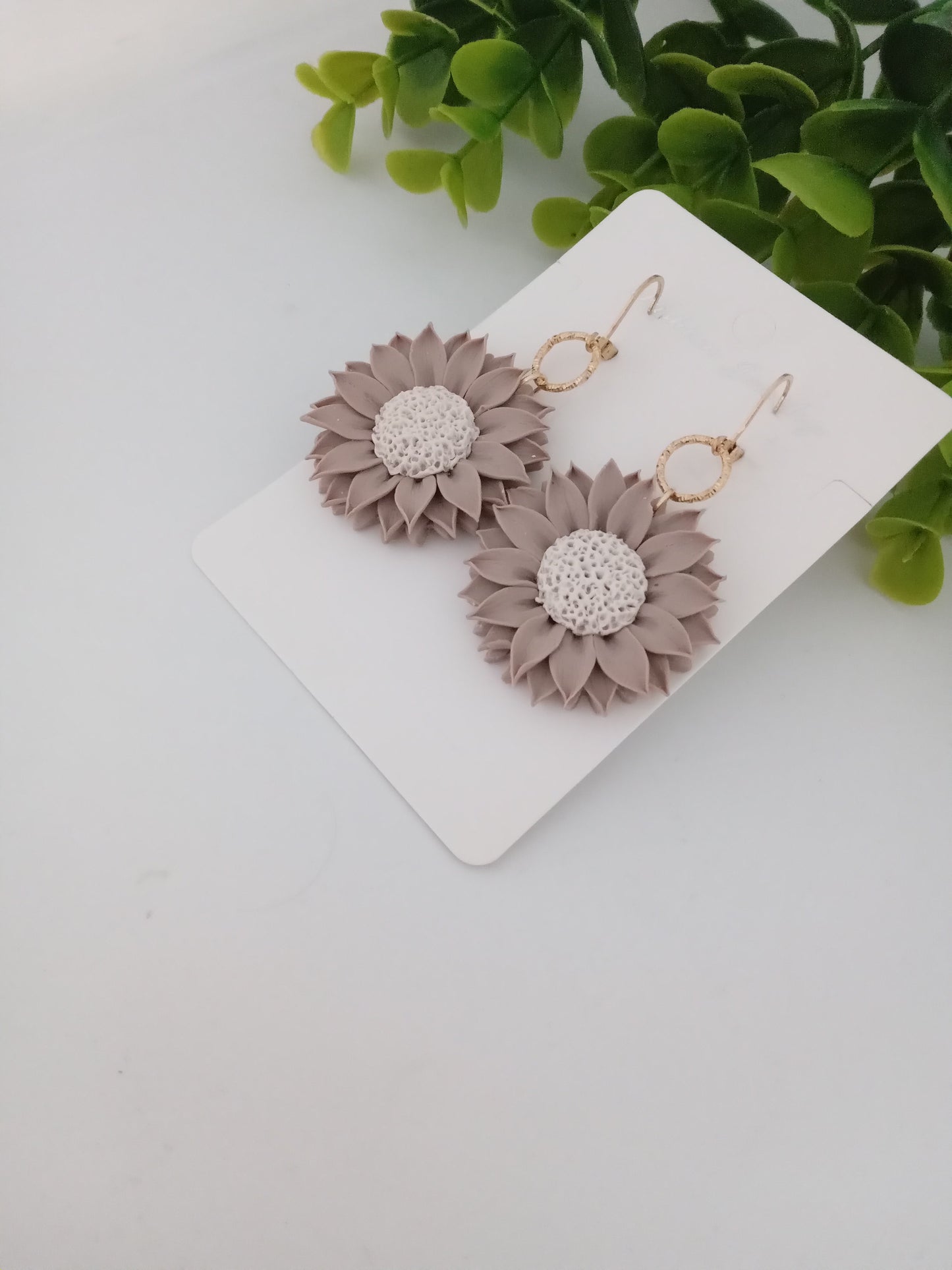 Polymer Clay Sunflower Earrings- Handmade Beige Flower Dangles for Women