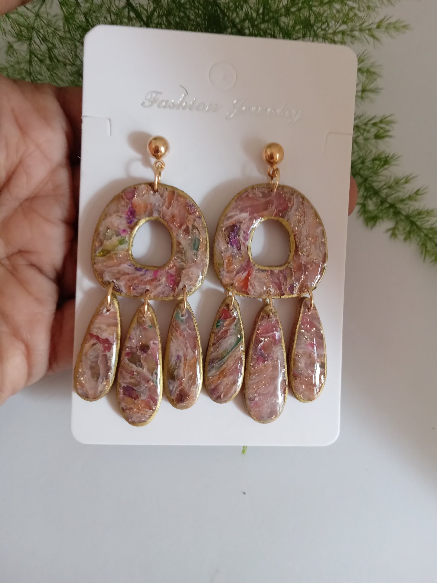 Polymer Clay Statement Earrings - Handmade Boho Drop Jewelry with Gold Accents