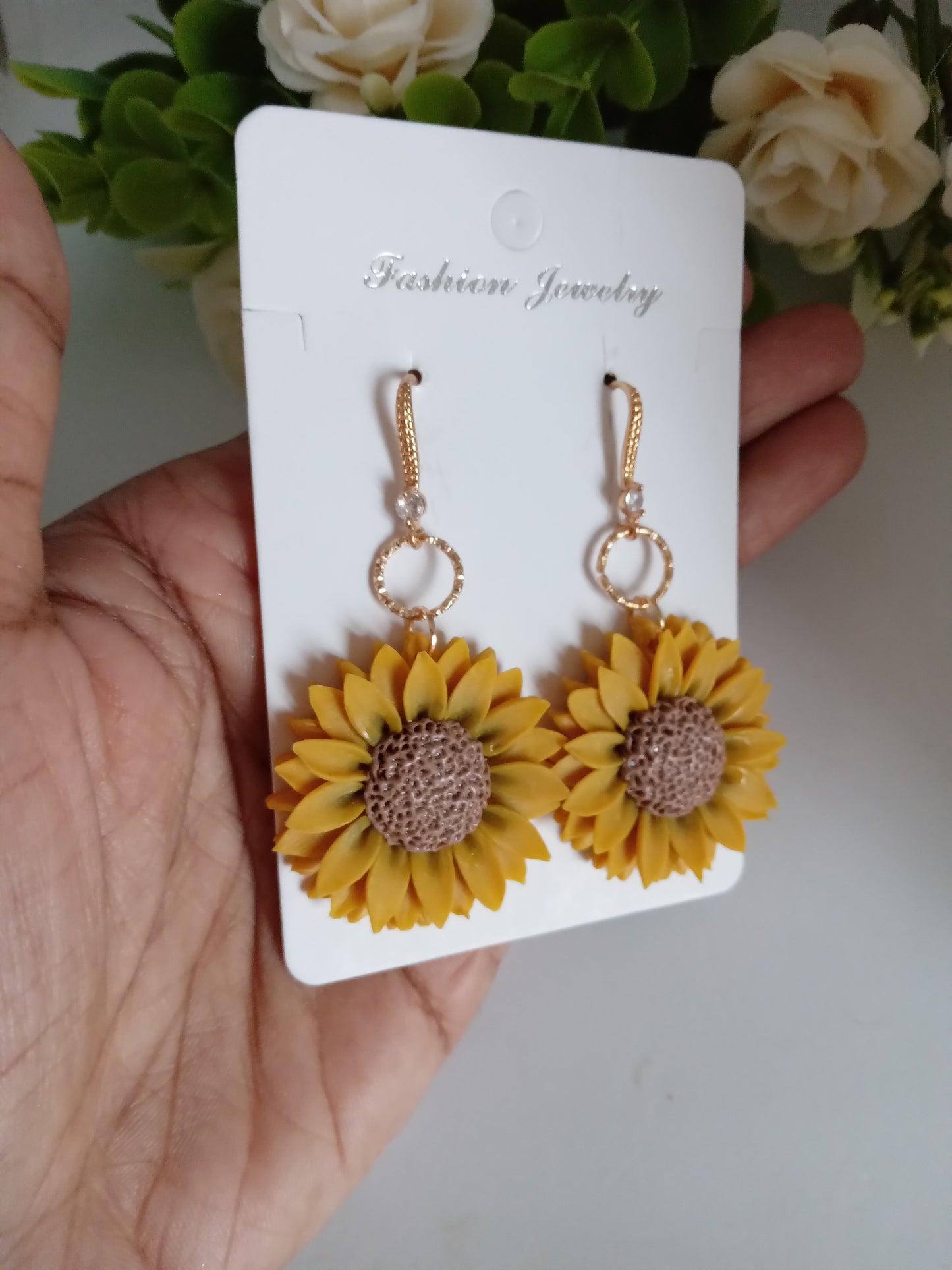 Sunflower Dangle Earrings - Handmade Yellow Clay Flower Jewelry