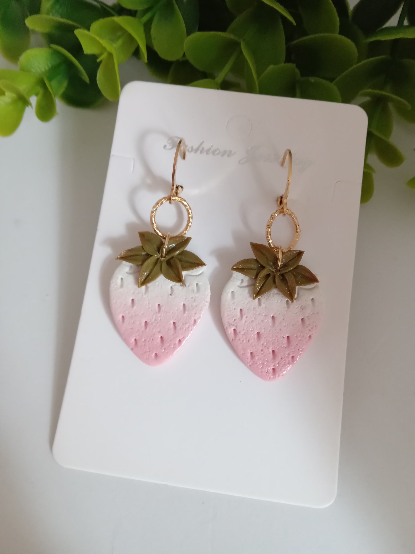 Handmade Dangle Strawberry Earrings - Pink White Polymer Clay Fruit Jewelry for Women