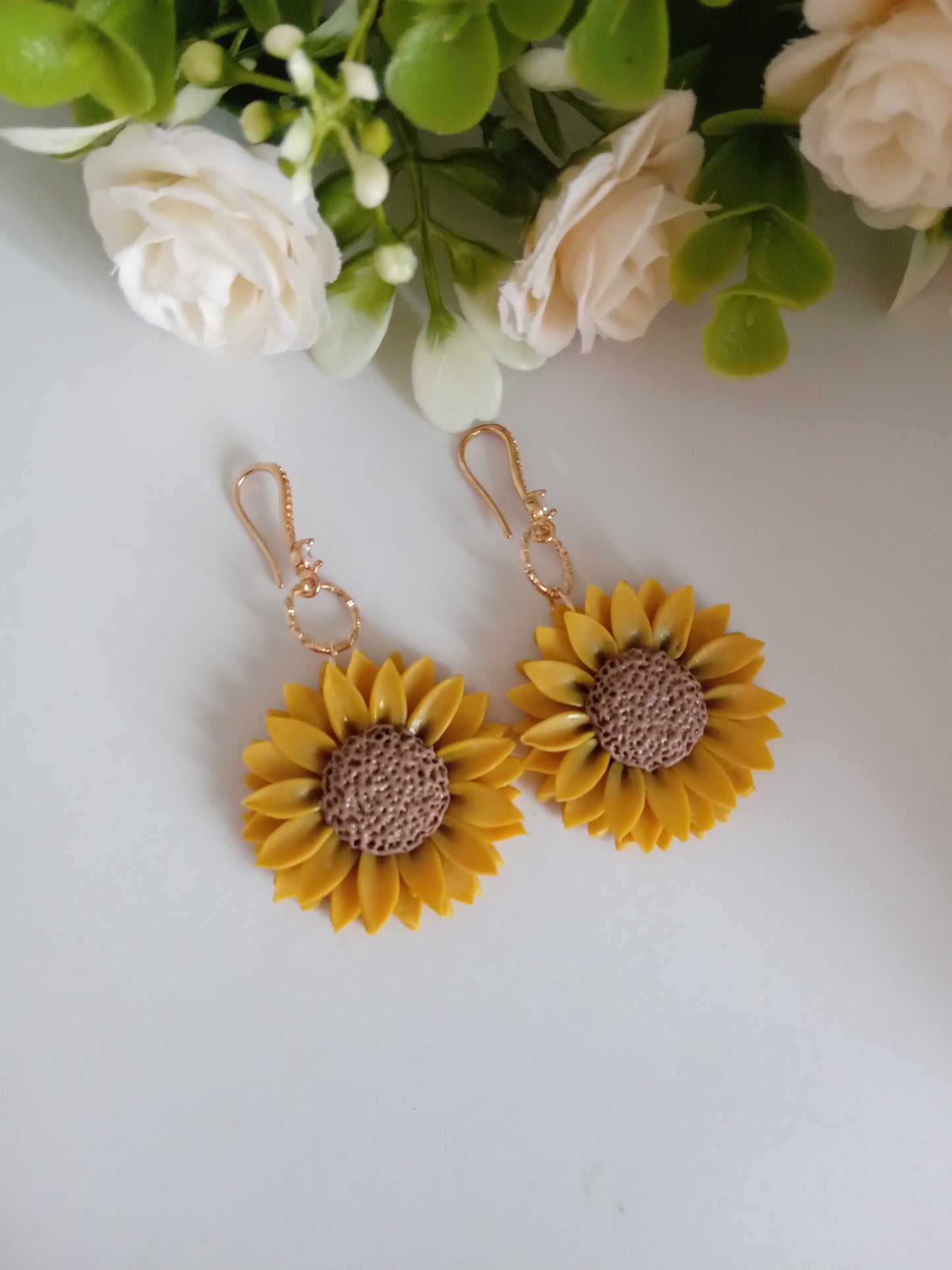 Sunflower Dangle Earrings - Handmade Yellow Clay Flower Jewelry