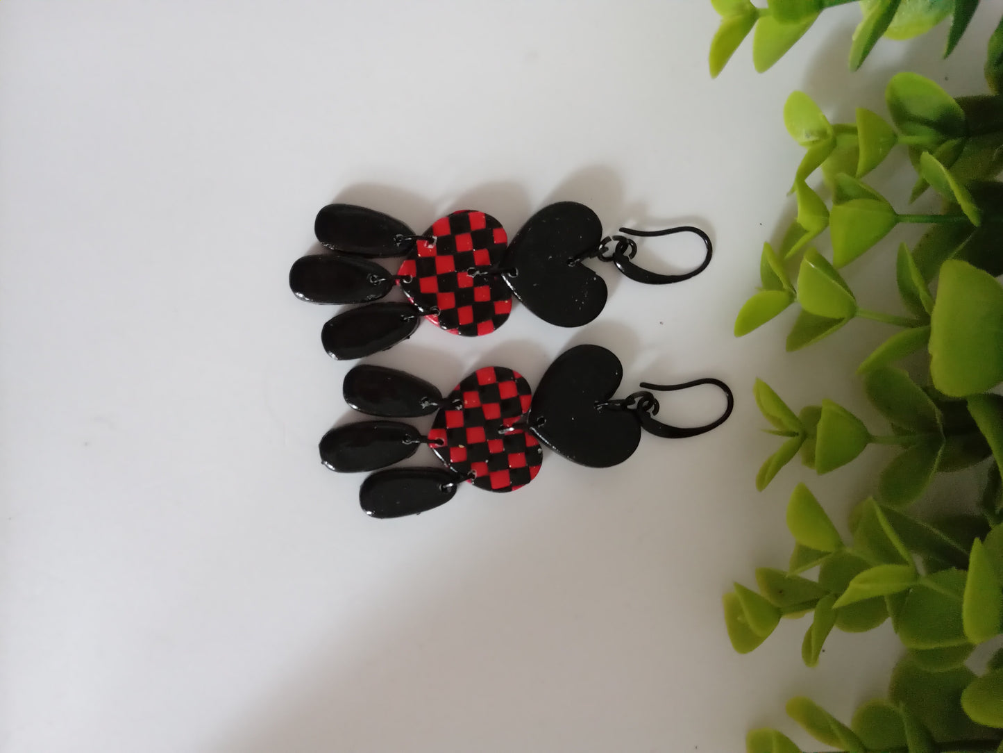 Polymer Clay Earrings Handmade - Bold Red Black Heart Statement Dangles for Her