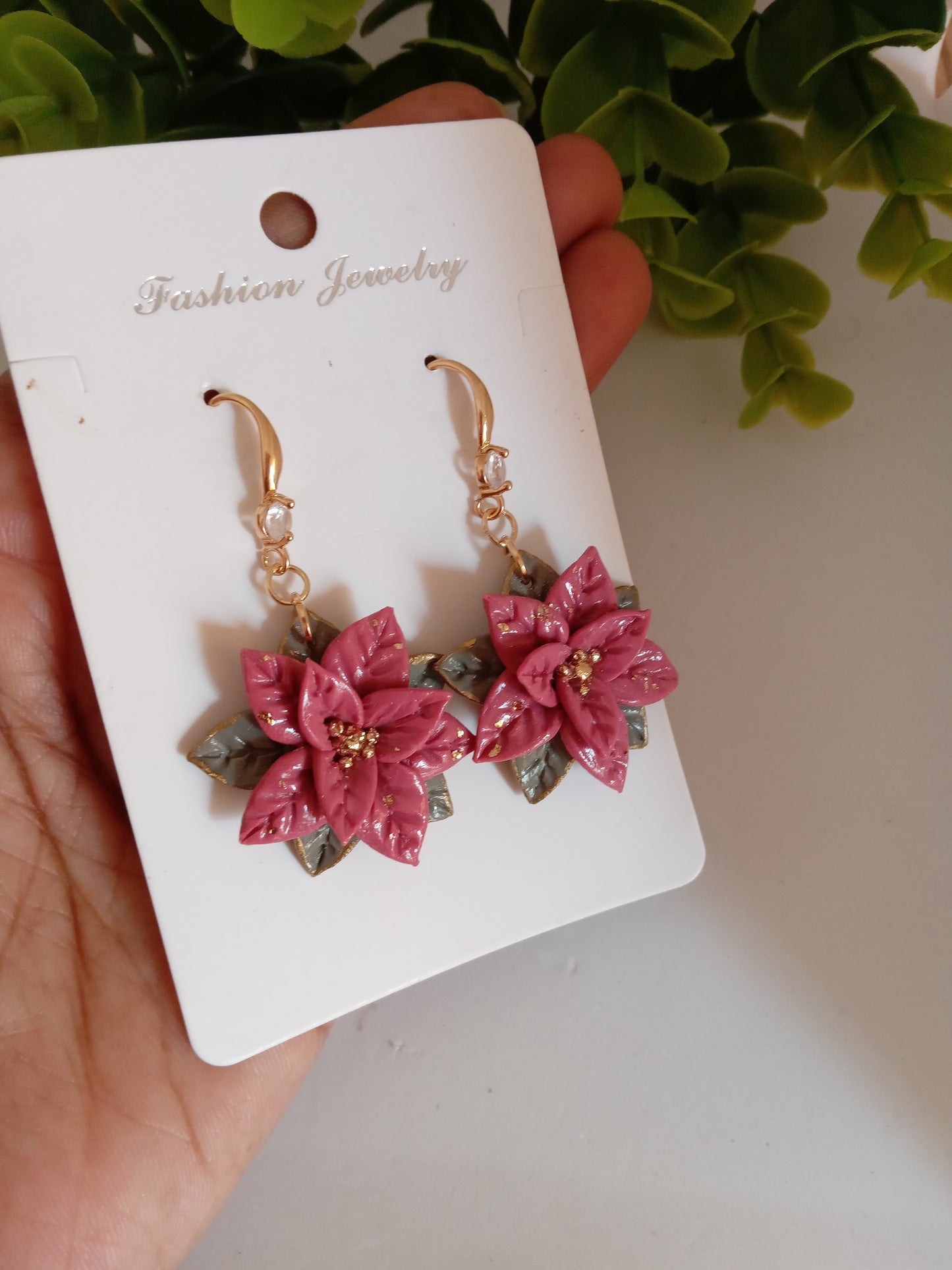 Christmas pink Poinsettia Flower Earrings – Handmade Holiday Dangle Earrings, Festive Floral Jewelry Gift for Women