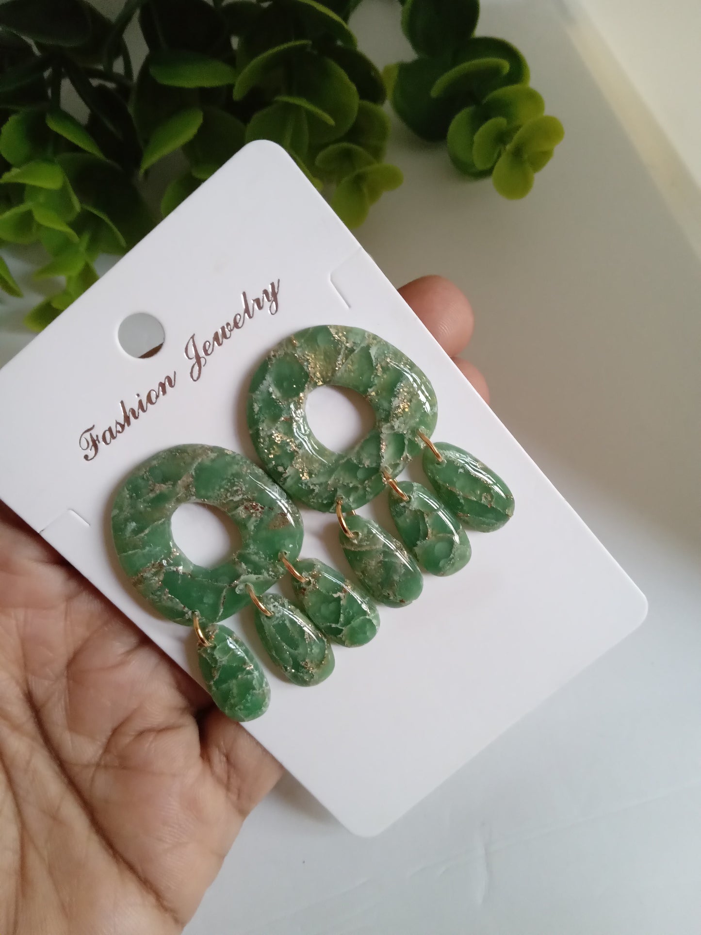 Green Marble Statement Dangle Earrings – Handmade Lightweight Drop Earrings for Women, Elegant Boho Jewelry Gift