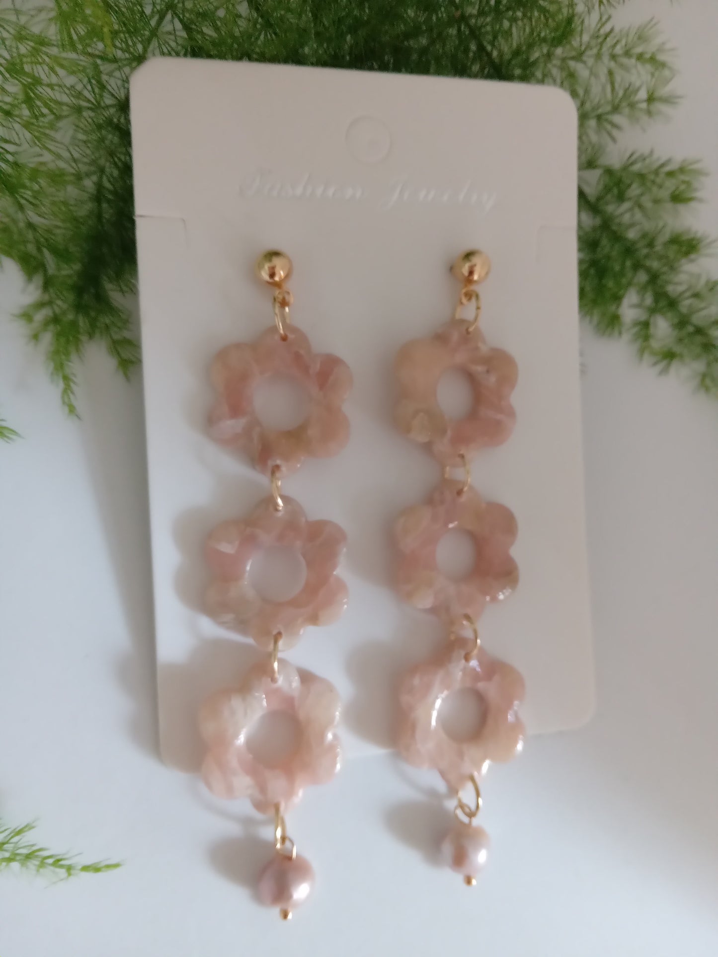 Handmade Pink Flower Earrings with Fresh Water Pearl - Lightweight Floral Dangle Jewelry for Women