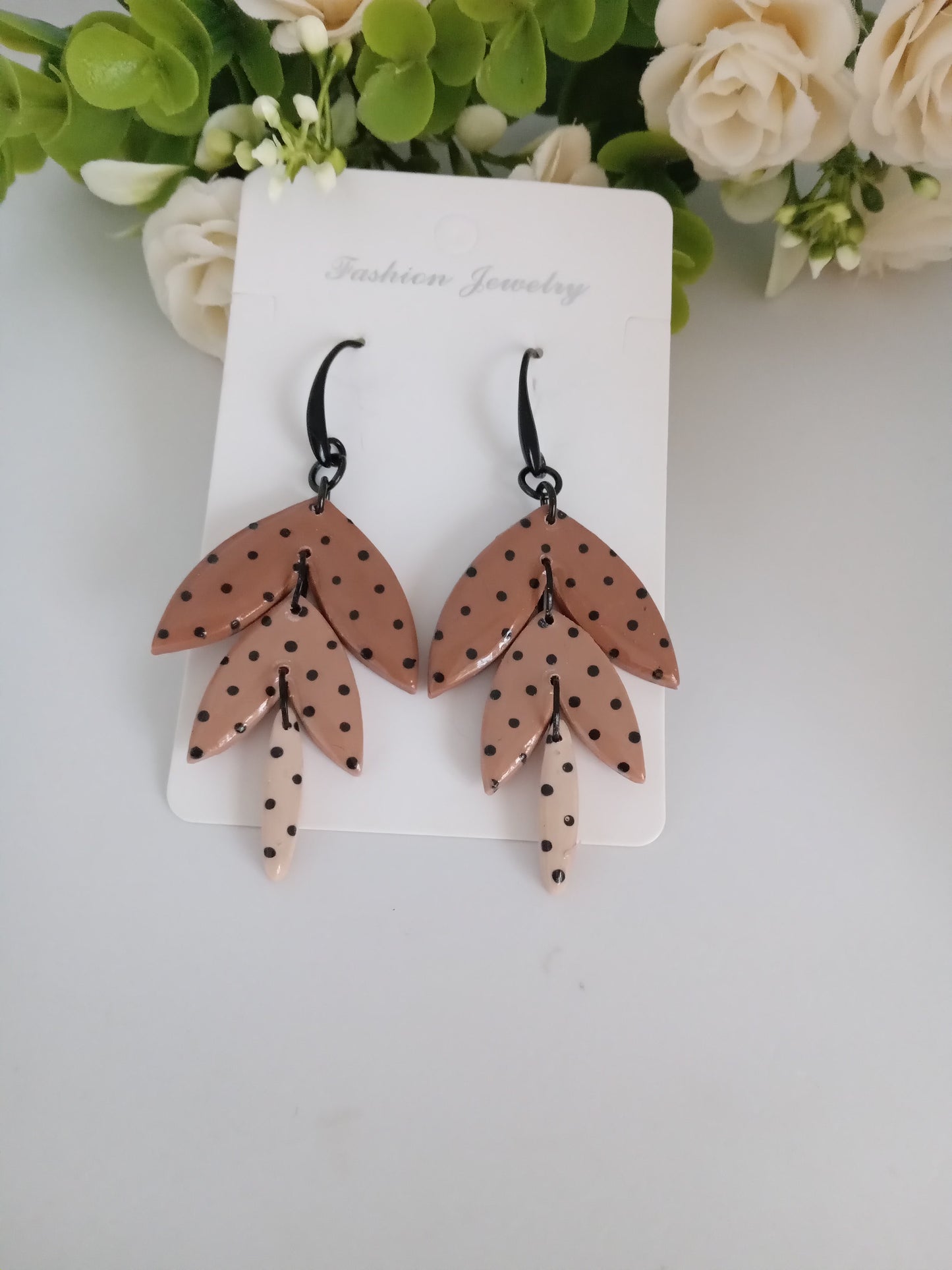 Polka Dot Leaf Dangle Earrings - Handmade Polymer Clay Jewelry