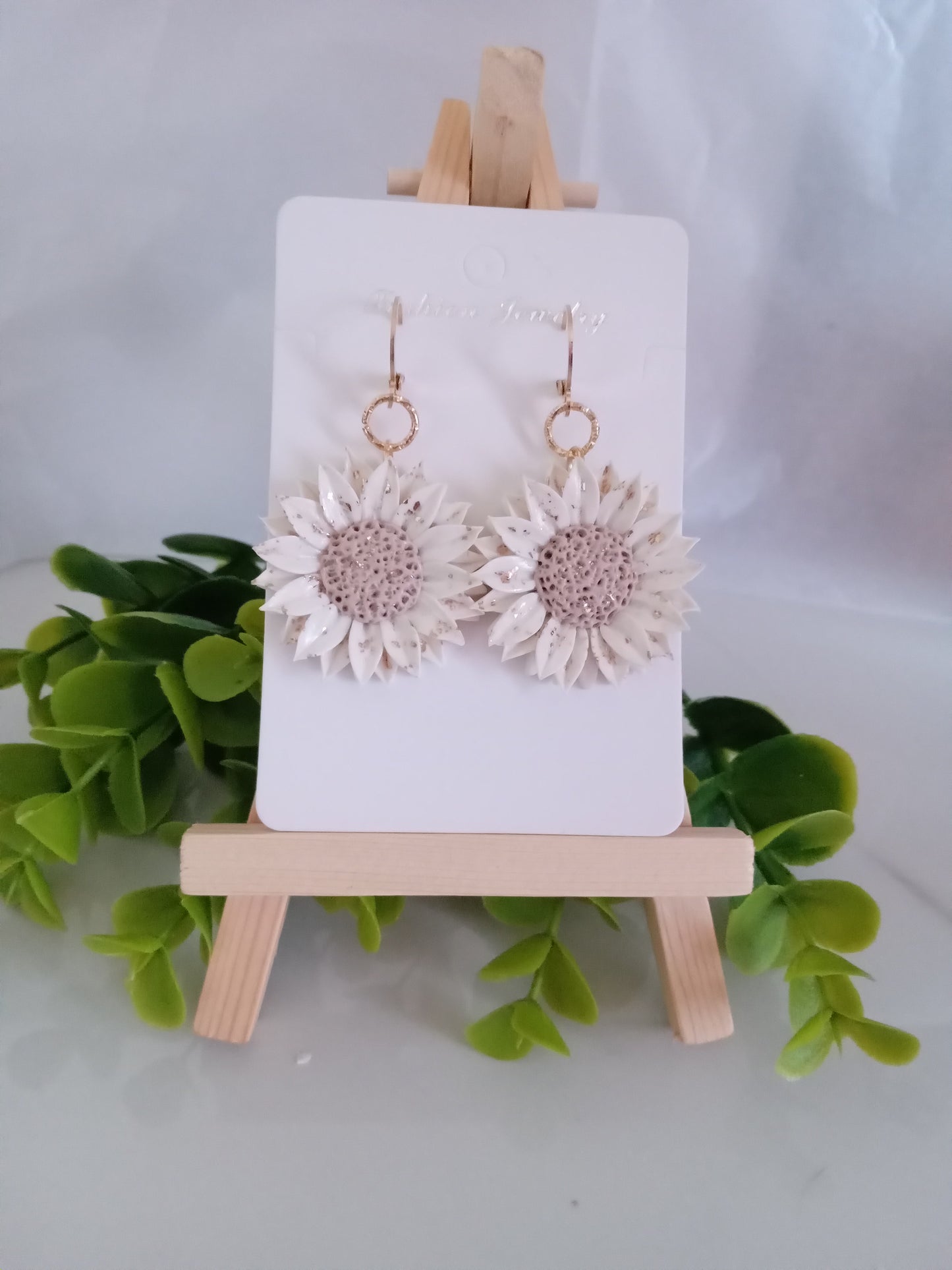 Handmade Sunflower Polymer Clay Earrings – White & Gold Foil Floral Dangle Earrings, Lightweight Statement Jewelry for Women