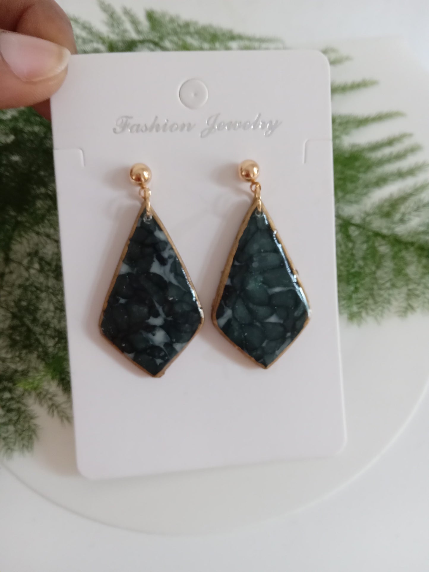 Handmade Dark Green Stone Diamond Drops Earrings - Lightweight Statement Earrings