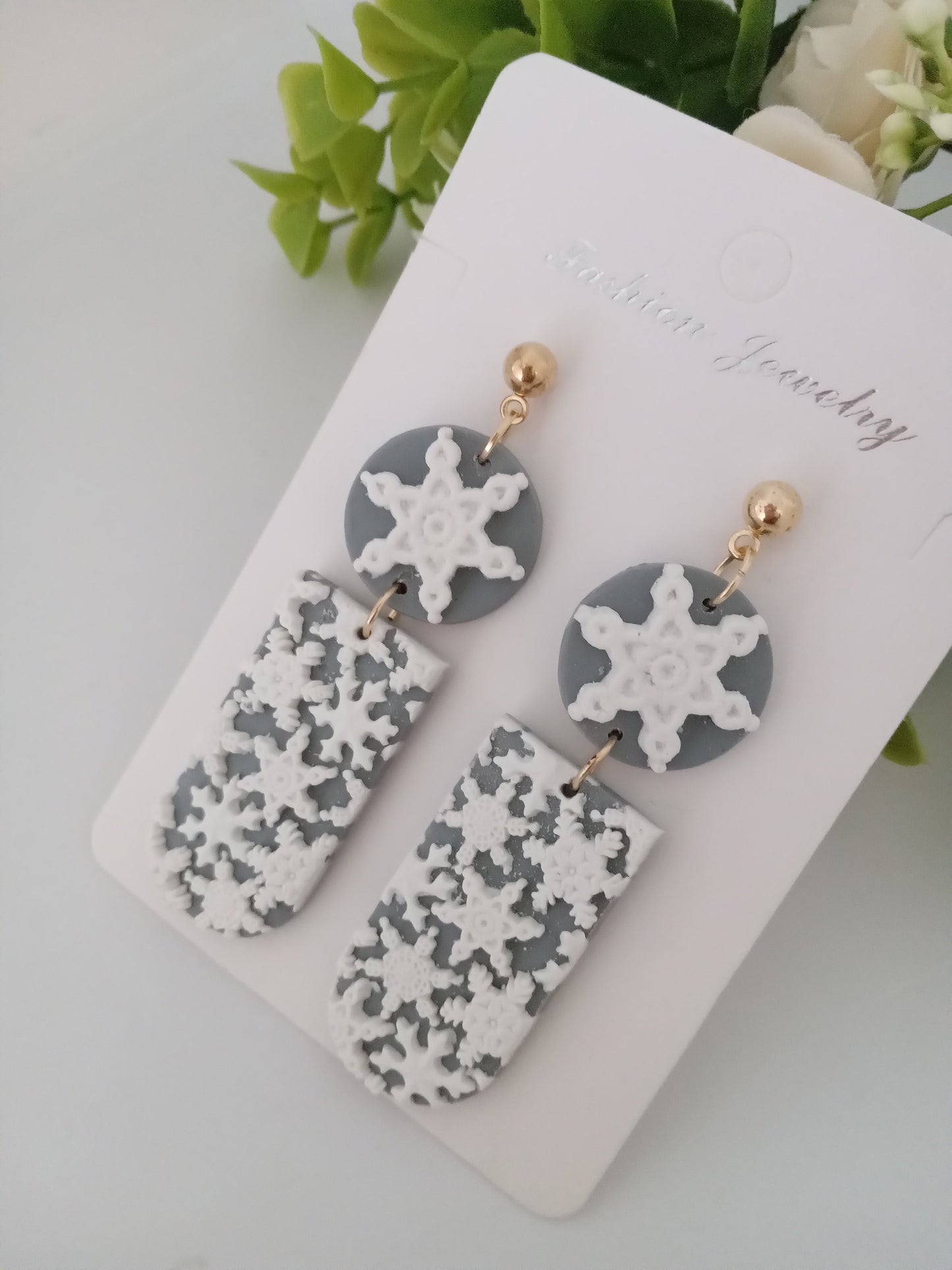 Snowflake Earrings- Winter Polymer Clay Drop Earrings/Handmade Holiday Jewelry
