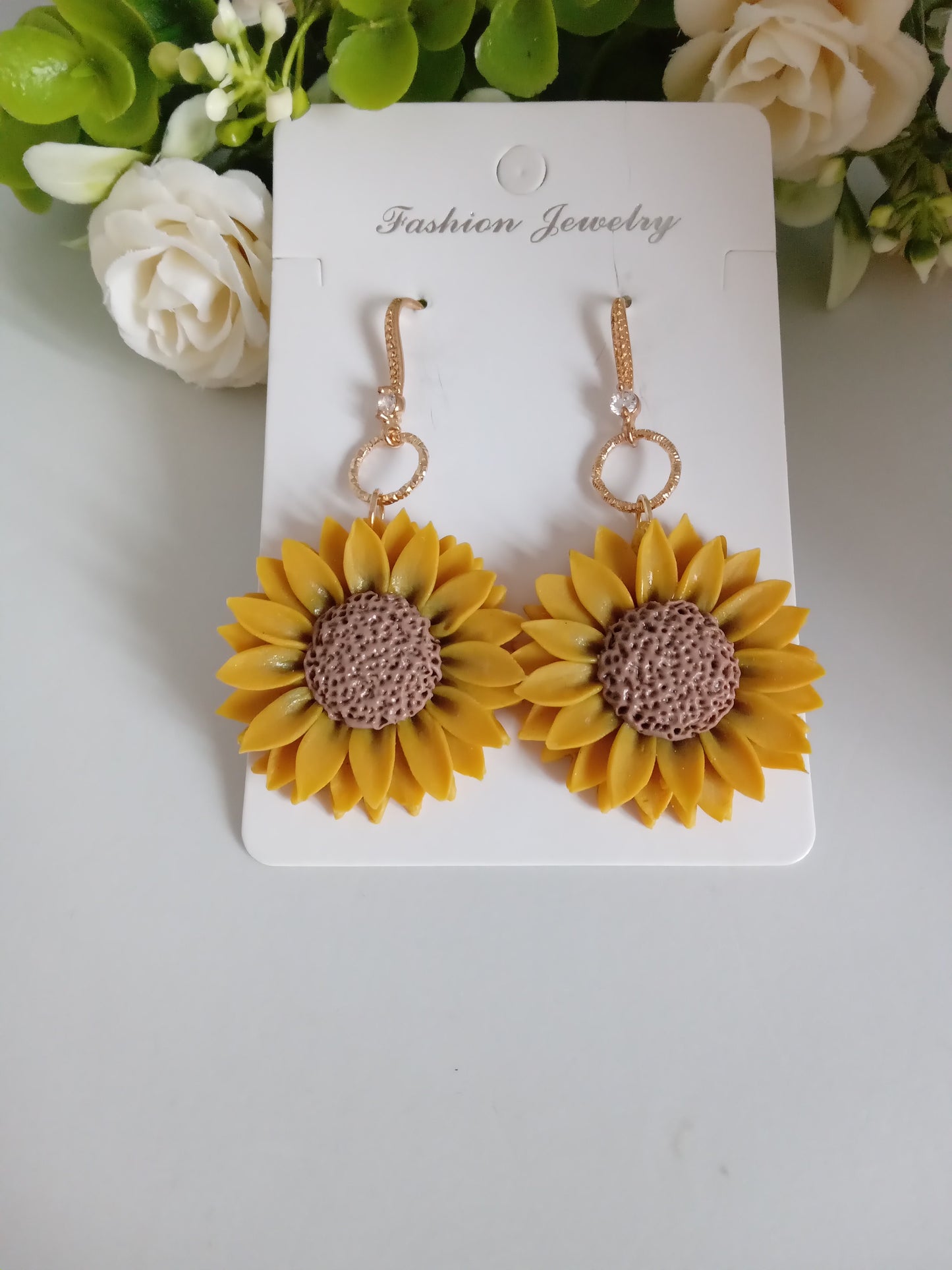 Sunflower Dangle Earrings - Handmade Yellow Clay Flower Jewelry