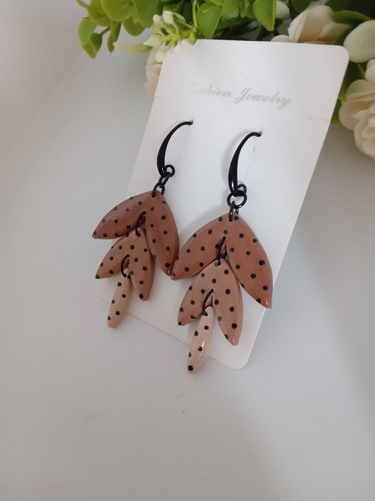 Polka Dot Leaf Dangle Earrings - Handmade Polymer Clay Jewelry