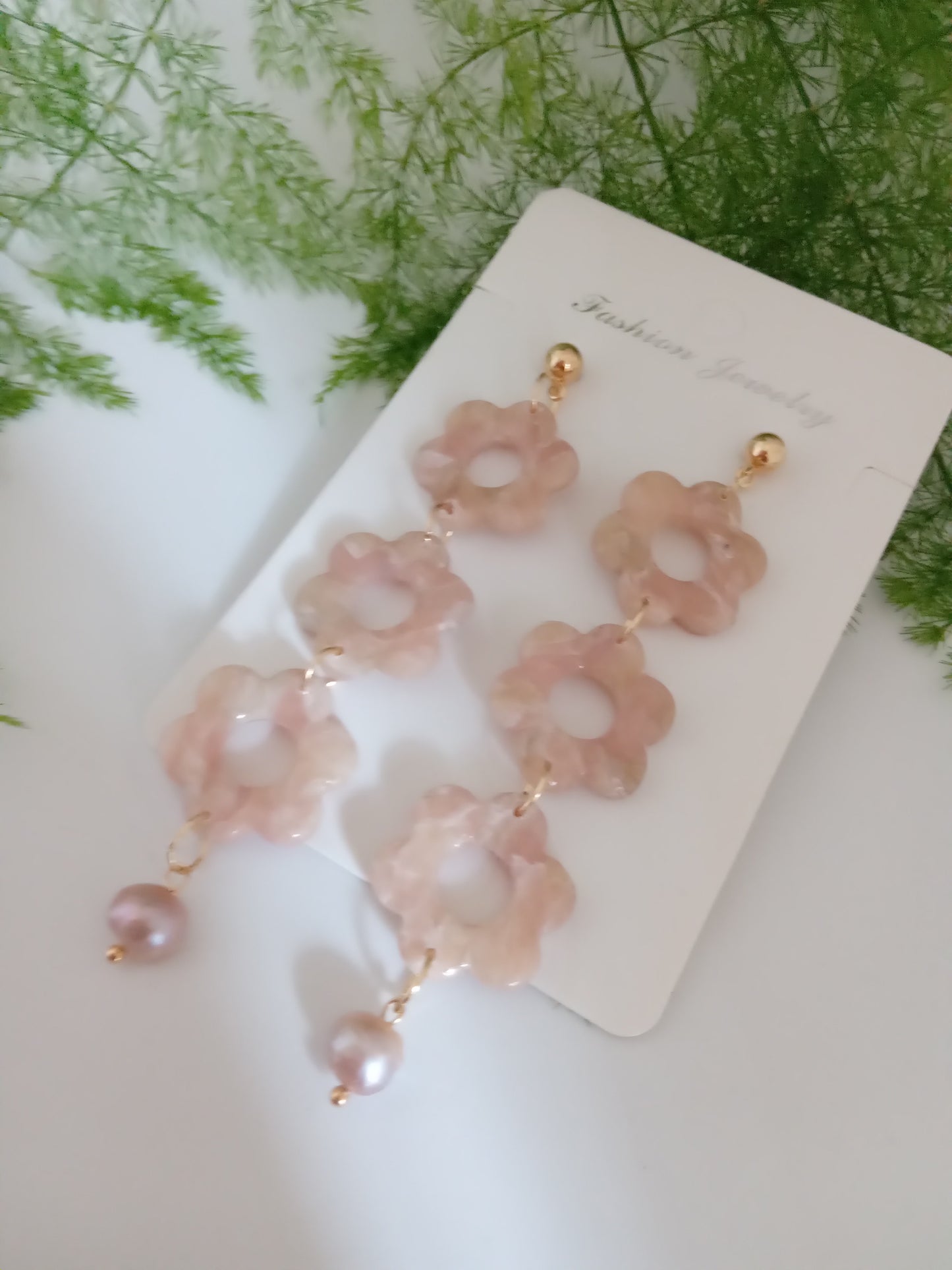 Handmade Pink Flower Earrings with Fresh Water Pearl - Lightweight Floral Dangle Jewelry for Women