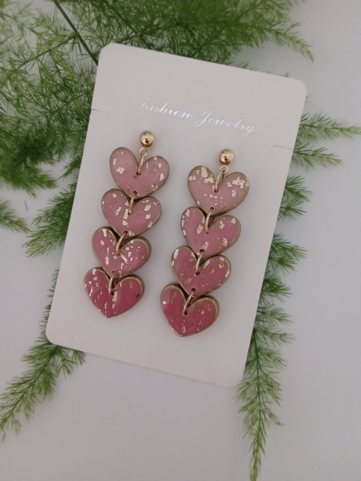Handmade Pink Heart Drop Earrings with Gold Leaf- Romantic Statement Jewelry for Women