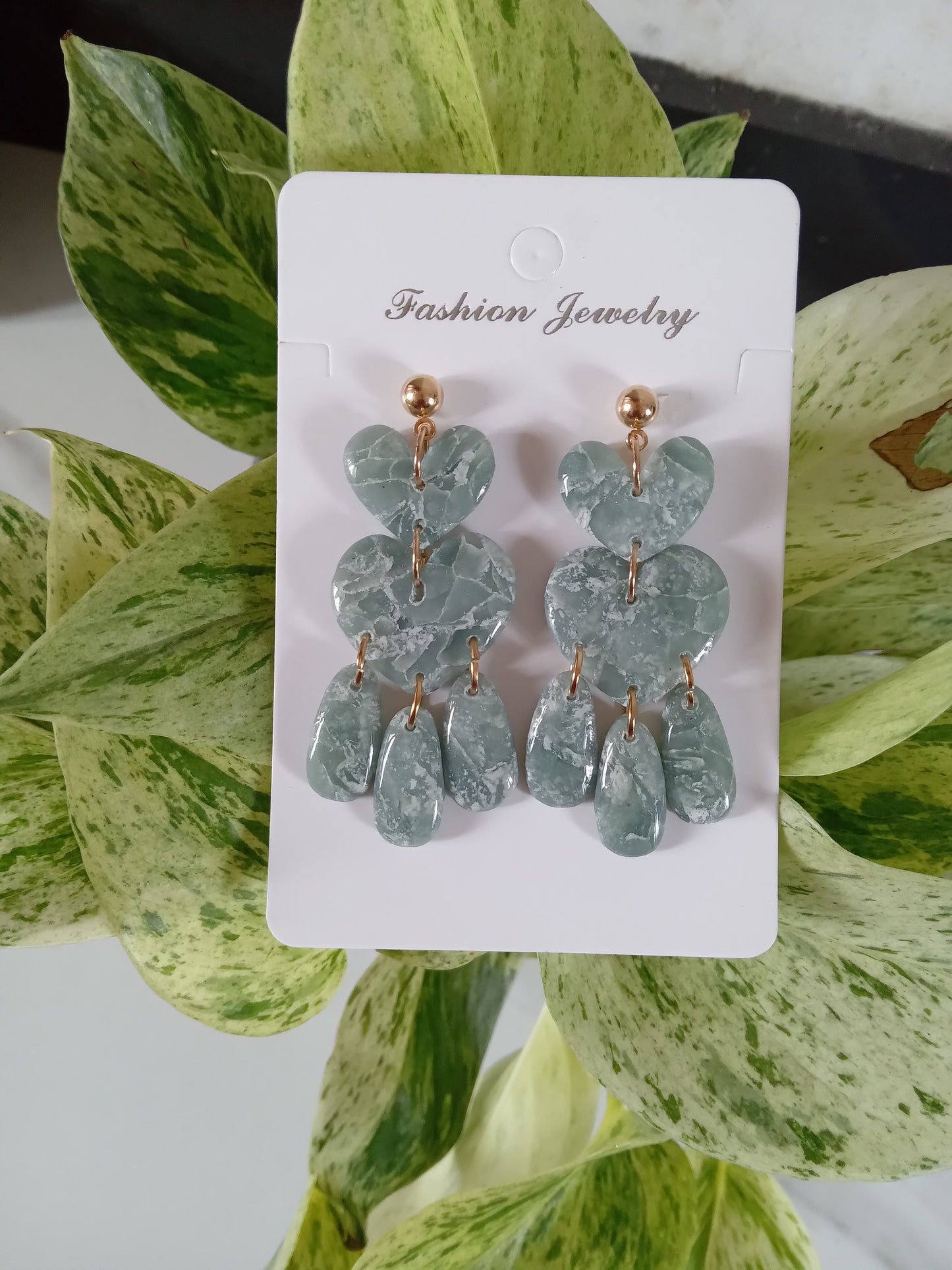 Green Marble Heart Dangle Earrings - Lightweight Clay Statement Jewelry