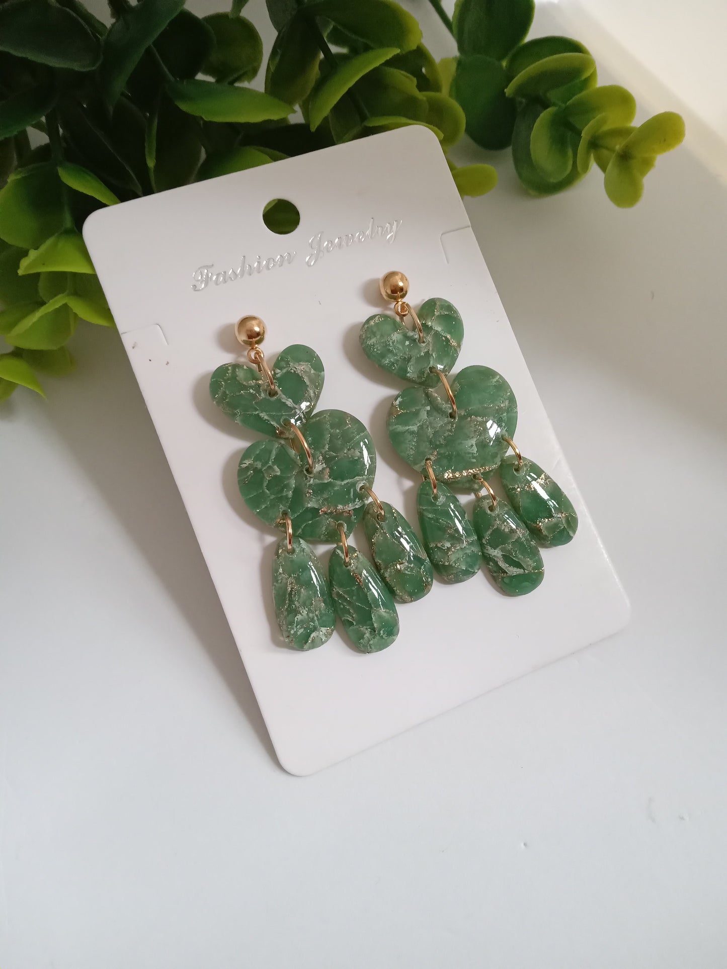 Green Marble Statement Dangle Earrings – Handmade Lightweight Drop Earrings for Women, Elegant Boho Jewelry Gift
