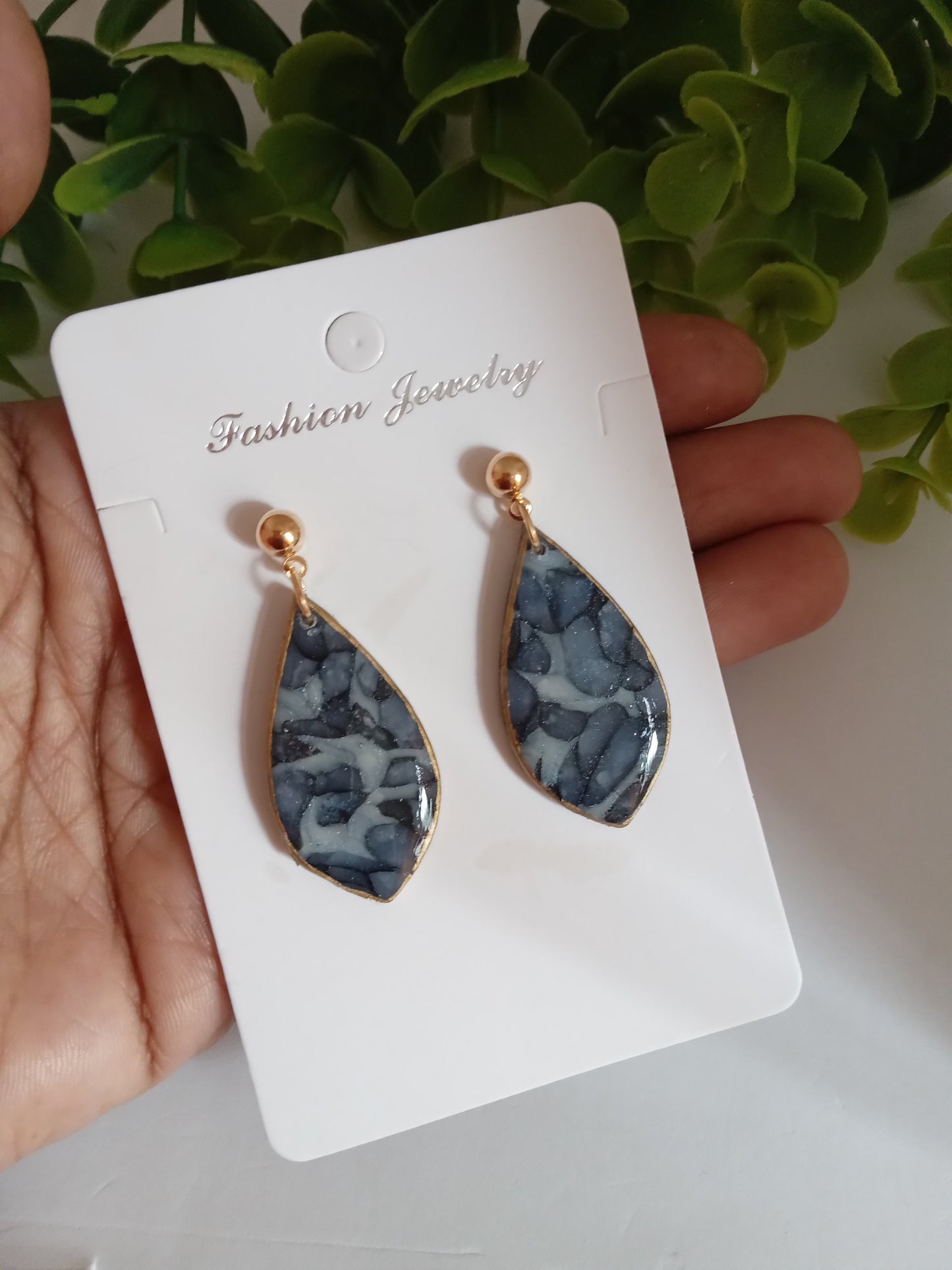 Handmade Blue Marble Resin Drop Earrings - Lightweight &Elegant