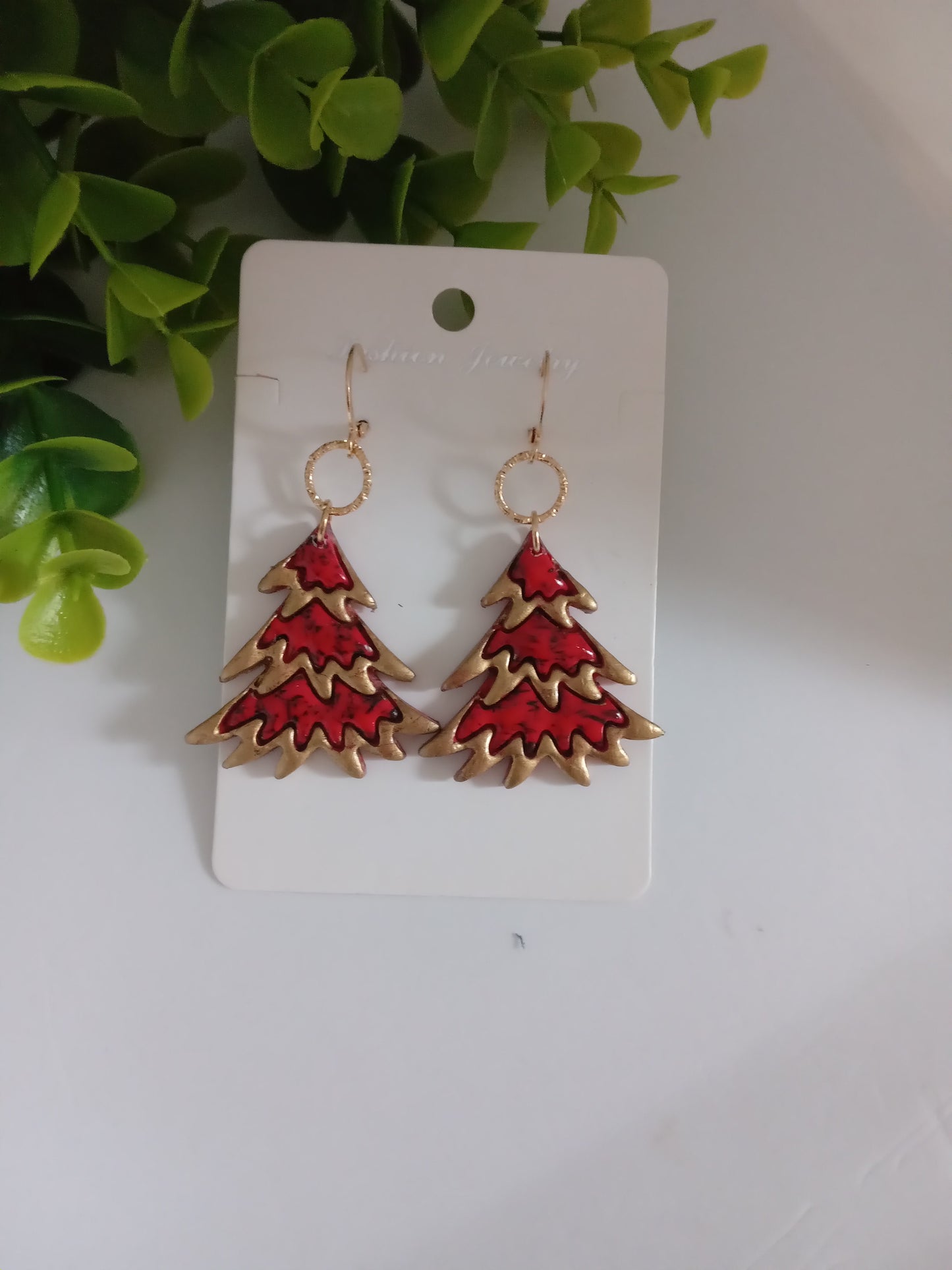 Bold Christmas Tree Earrings with Gold Foil- Handmade Holiday Jewelry for Women