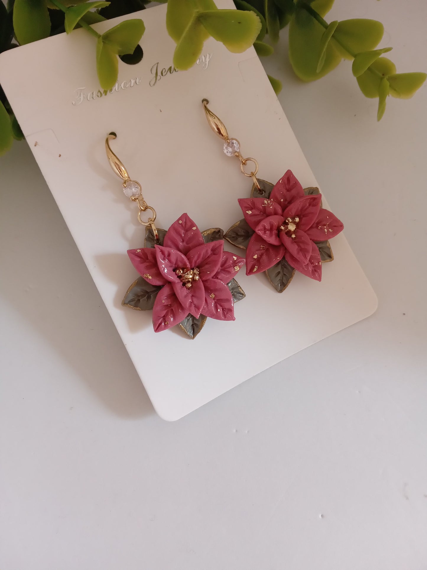Christmas pink Poinsettia Flower Earrings – Handmade Holiday Dangle Earrings, Festive Floral Jewelry Gift for Women