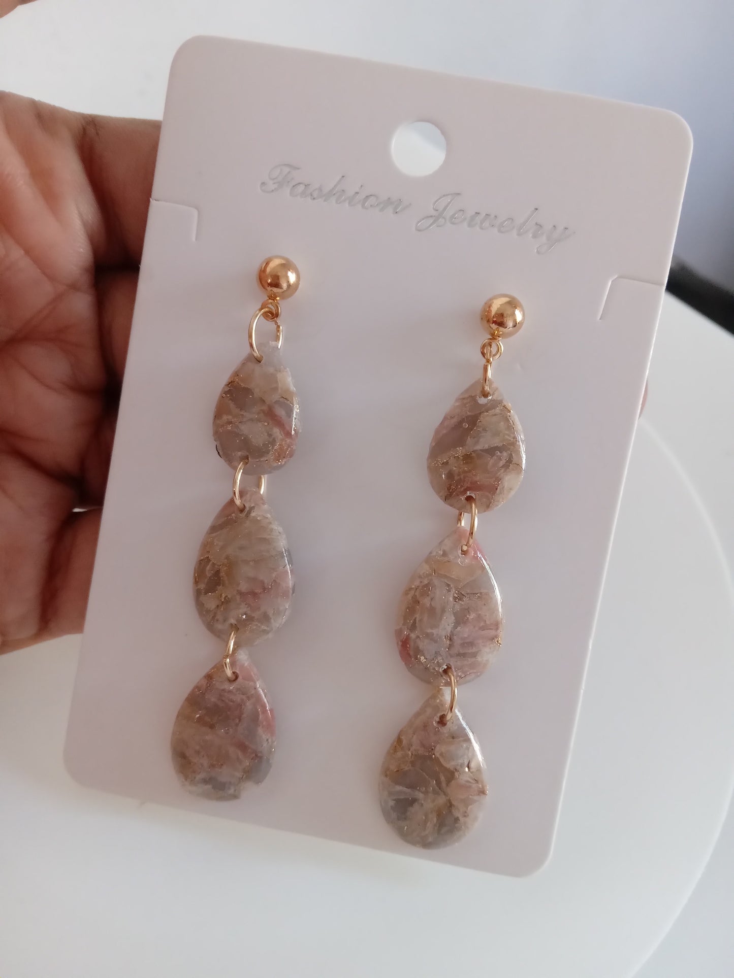 Handmade Teardrop Earrings | Lightweight Polymer Clay Dangle Earrings for Women | Pink Gold Statement Jewelry | Hypoallergenic Gift for Her