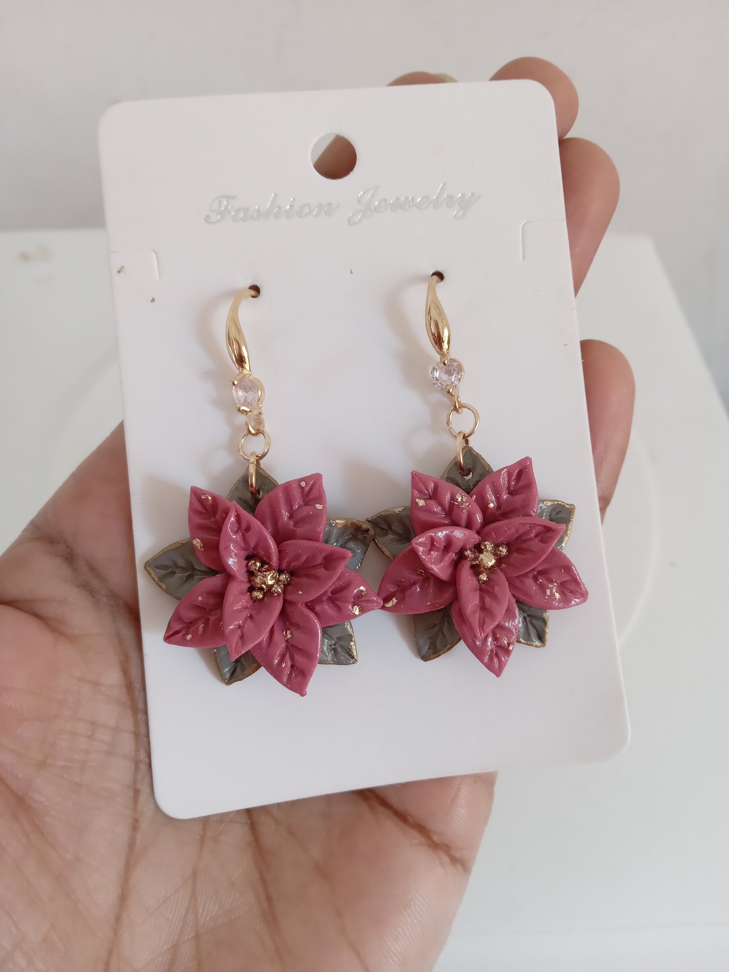 Christmas pink Poinsettia Flower Earrings – Handmade Holiday Dangle Earrings, Festive Floral Jewelry Gift for Women