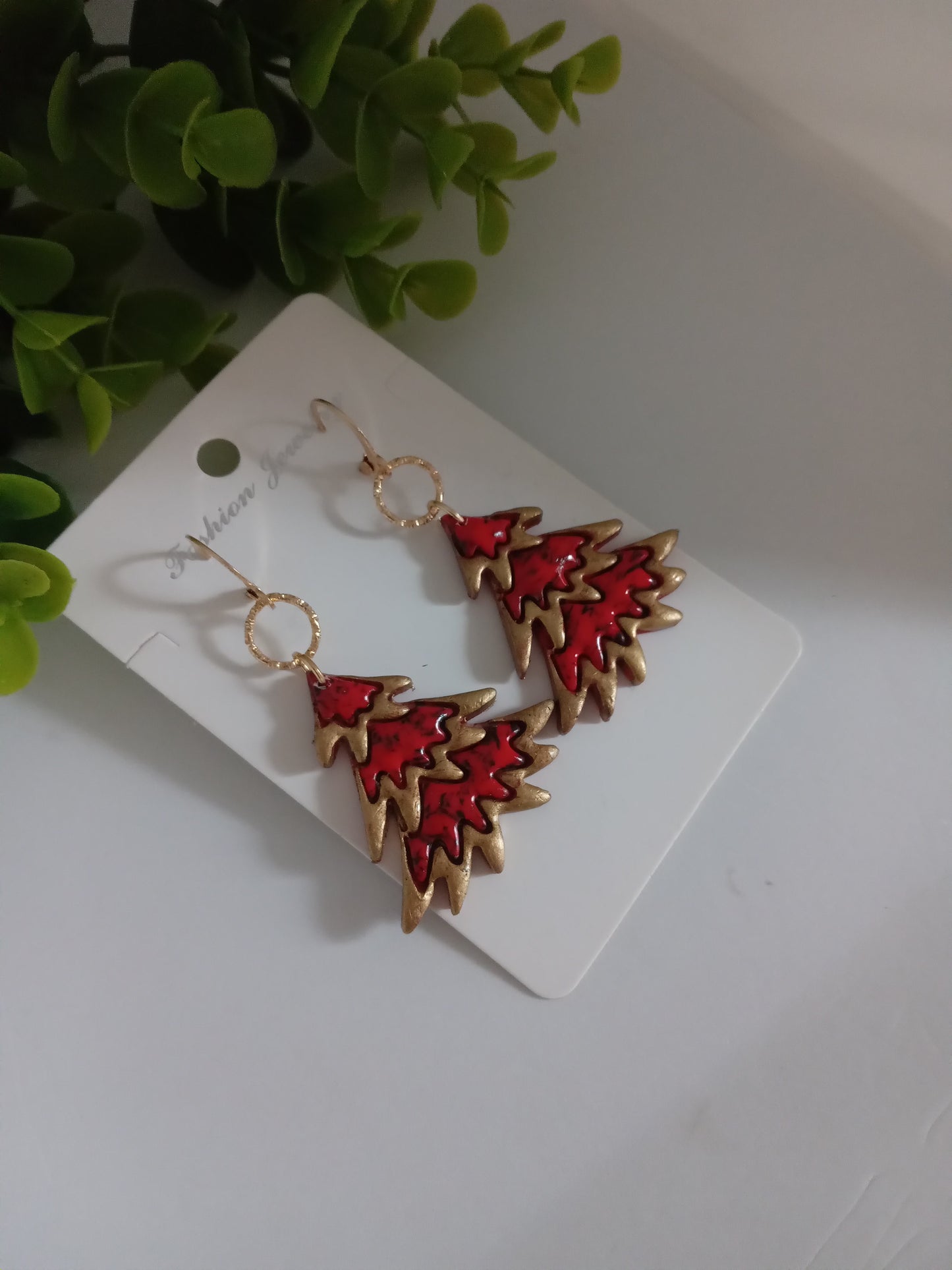 Bold Christmas Tree Earrings with Gold Foil- Handmade Holiday Jewelry for Women