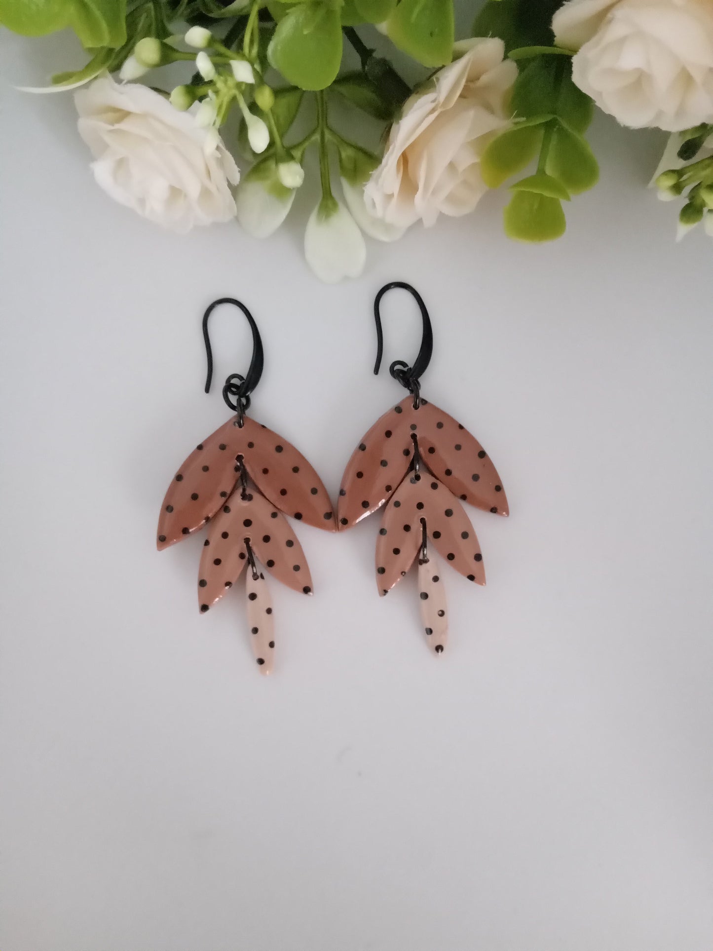 Polka Dot Leaf Dangle Earrings - Handmade Polymer Clay Jewelry