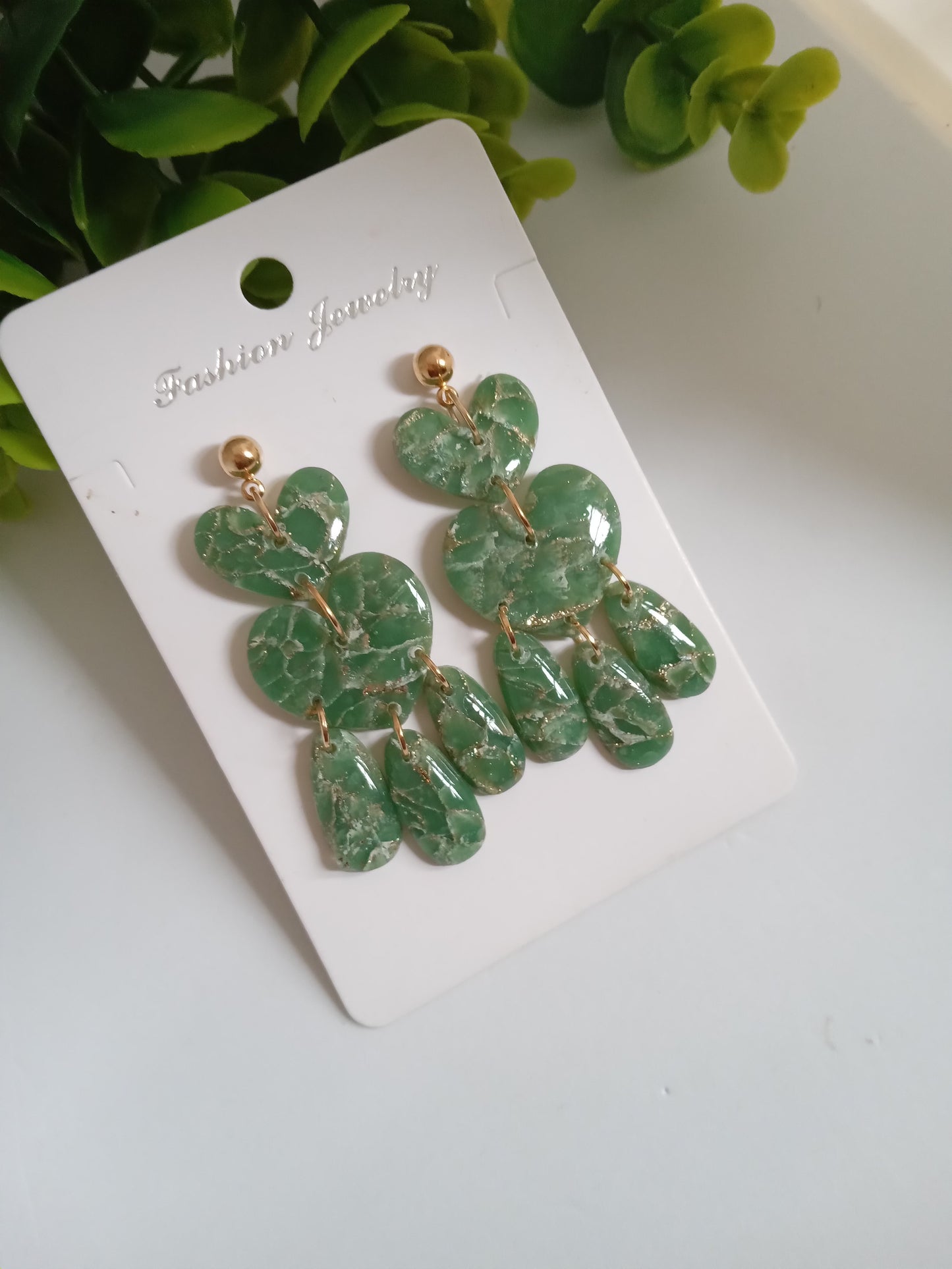 Green Marble Statement Dangle Earrings – Handmade Lightweight Drop Earrings for Women, Elegant Boho Jewelry Gift